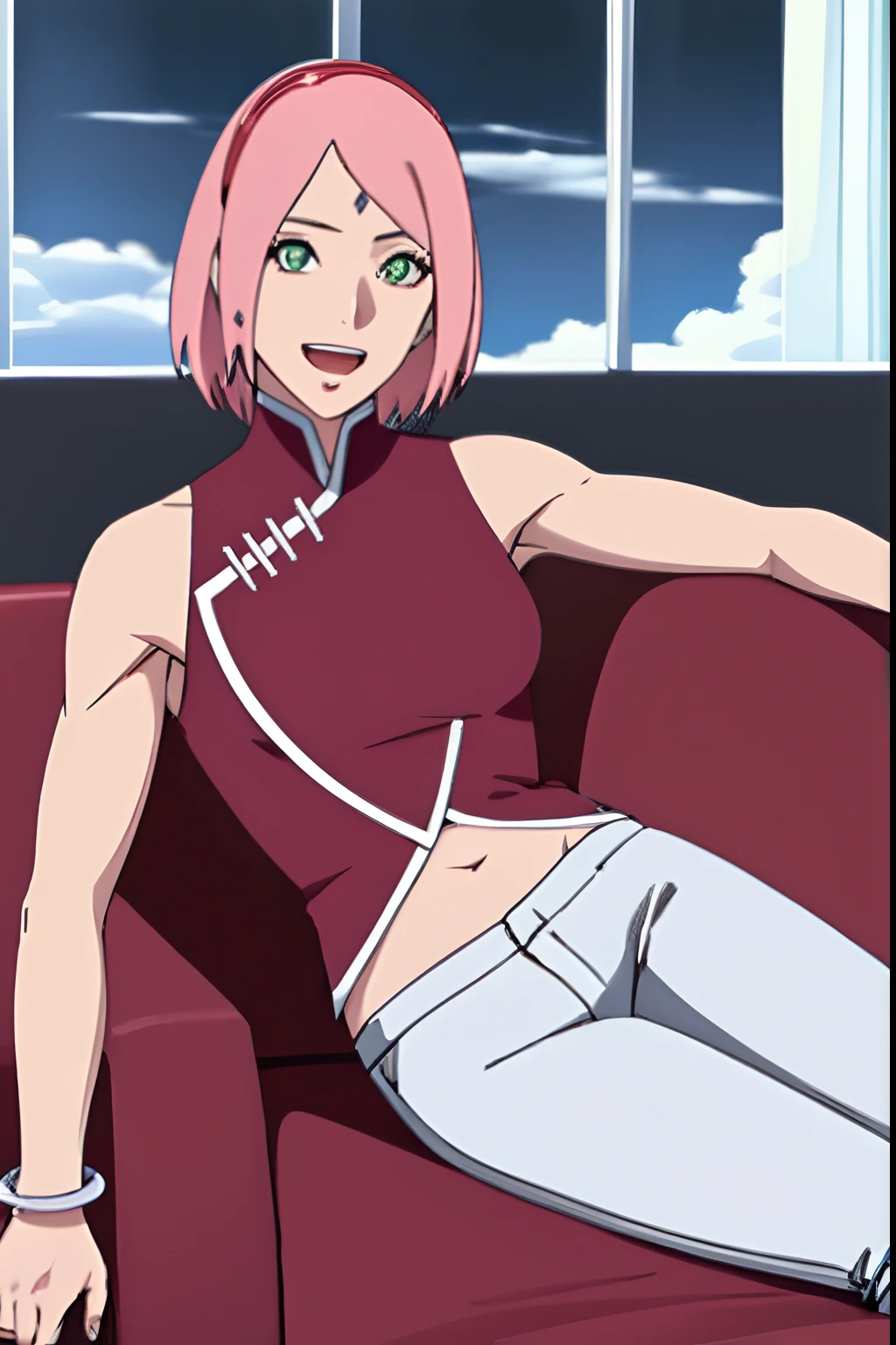 masterpiece, 4k, portrait, cowboy shot, (night), professional artwork, intricate details, colorful, digital blending, (ultra detailed body, ultra detail hair, ultra detail face), trending on pixiv, kind smile, best quality, anime style: 1.9, 1girl, hires, haruno sakura, (forehead mark, milf, red hairband, pale skin, (small breasts), short hair, ((red sleeveless dress,), white pants), (navel, belly button, slender body, slender belly, bracelet, pink hair, (open mouth), big eyes), smile, beach, wind, floating hair, detailed arms, off-shoulders, broad shoulders, (little muscular arms, little strong biceps), armpit on couch, rips, , fancy couch, relaxing, (hand leaning on couch, laying, talking, looking at the viewer, (talking while showing armpits))