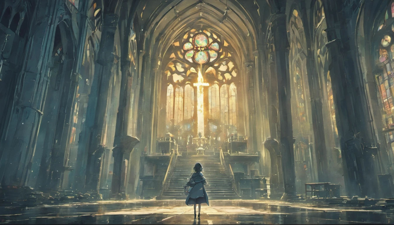 masterpiece, high definition, high quality lighting backgrounds, background, an shattered church interior during raining