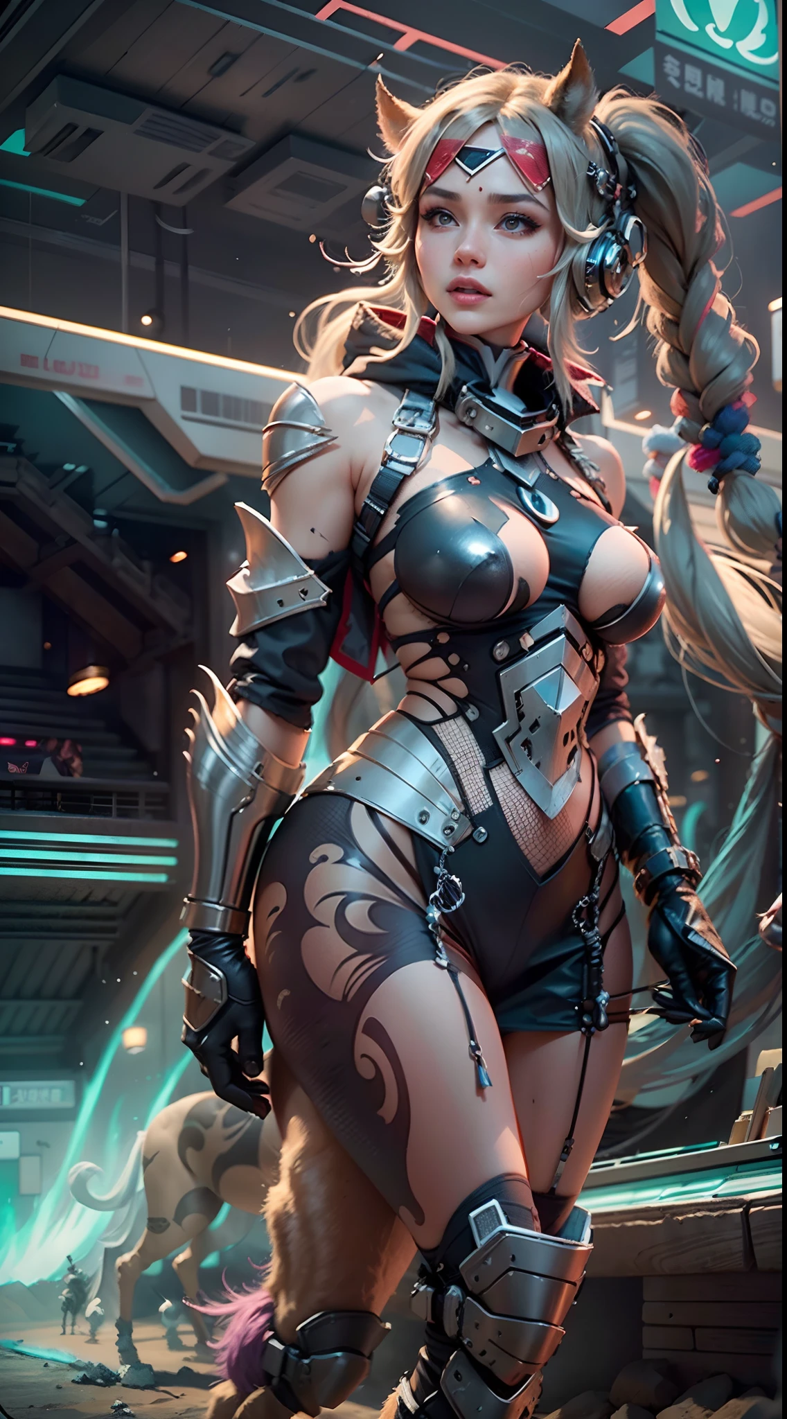 In a very grand scene，The extra-large wide-angle lens captures the appearance of a female centaur。She is tall，It has the ultimate curvy beauty，The muscles are slender and firm，Beautiful lines。Her facial features are tough and coquettish，Always with a sunny smile。She wears special tight-fitting equipment with a strong sense of technology，Step on multifunctional off-road style heels，Delicate and practical protective gear is worn on the hands, feet, wrists, neck and shoulders。The detection equipment around you flashes various cue lights and neon-like information screens，Let her exude a charming brilliance。Use Midjourney's advanced tools，Design special tight-fitting equipment for female centaurs，Highlight her unique physiological characteristics and appearance details，Add realism。And in her adventure scene，Spectacular views of nature，Such as the sky where storms and sunny days alternate、Brilliant rivers of stars and auroras、The snow-capped summit of Mount Everest、Fireworks in the mountain town, etc。ao mesmo tempo，Away from the hustle and bustle of Long Beach Pier is a neon-lit spaceship docked，Create a fantastic scene。Use Midjourney's advanced tools and multiple color palettes、Brush Strokes、Texture tools and model packages，It shows a sense of atmosphere where beauty and charm coexist。The charm of the female centaur is highlighted through color and lines，Enhance realism with detailing，Create a surreal dreamy feeling。Additionally，Use Midjourney's tools to add a variety of extreme sports gear and cultural trinkets to the female centaur，Create intricate hairstyles and outfits，Give her a sense of premium。She never flinches，Regardless of the terrain，can respond quickly，Even the extreme geography and dangerous terrain of aliens cannot stop her。Use Midjourney's powerful tools，You can do it with incredible detail and beauty，Bring this ultra-grand and beautiful scene to life。Ultra-grand scenes，super wide shot， hdr，（真实感，Masterpiece quality，best qualtiy），
