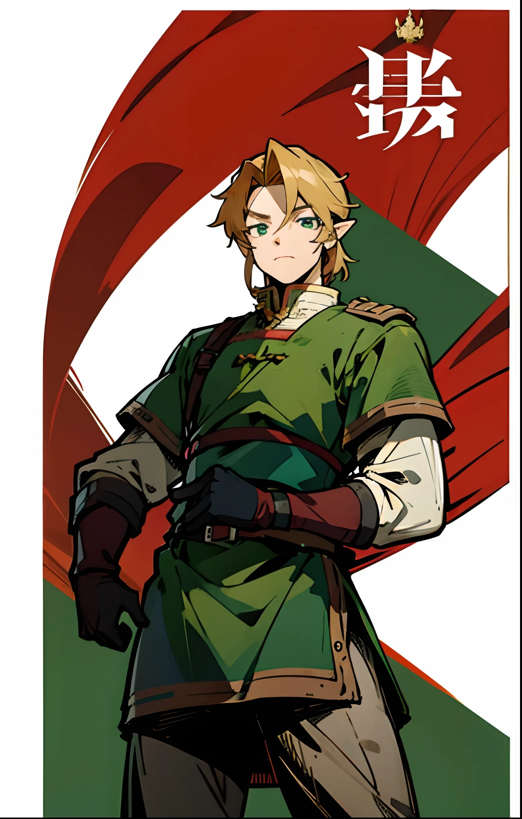 blond, tall, green-eyed guy, viking style, russian hero style, strong,  anime style, anime  , link, ( gloves), standing, (muscular:0.5)(from above:0.25),(sport:0.2), (empty background),(armor:0.6), (character design), (uniform:0.9), double-breasted,