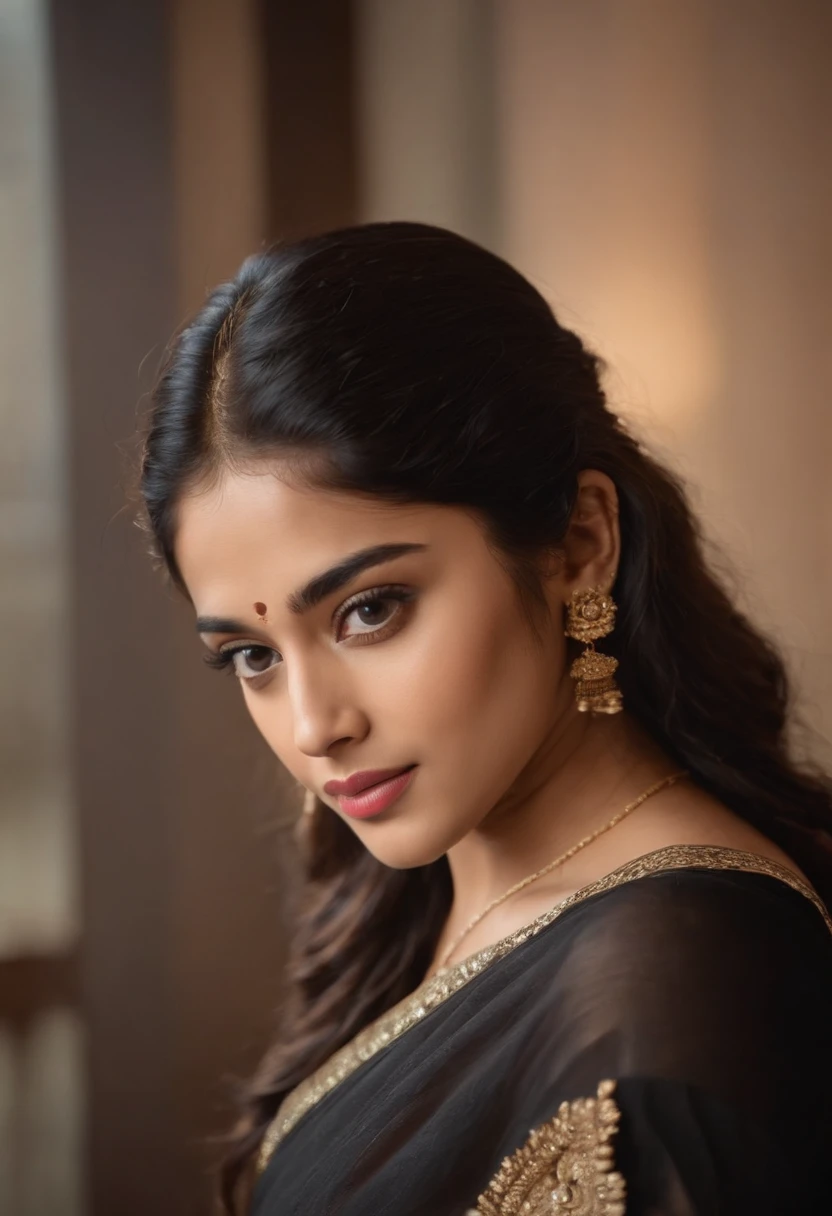 janvi kapoor lookalike girl in a black saree starting with gaze