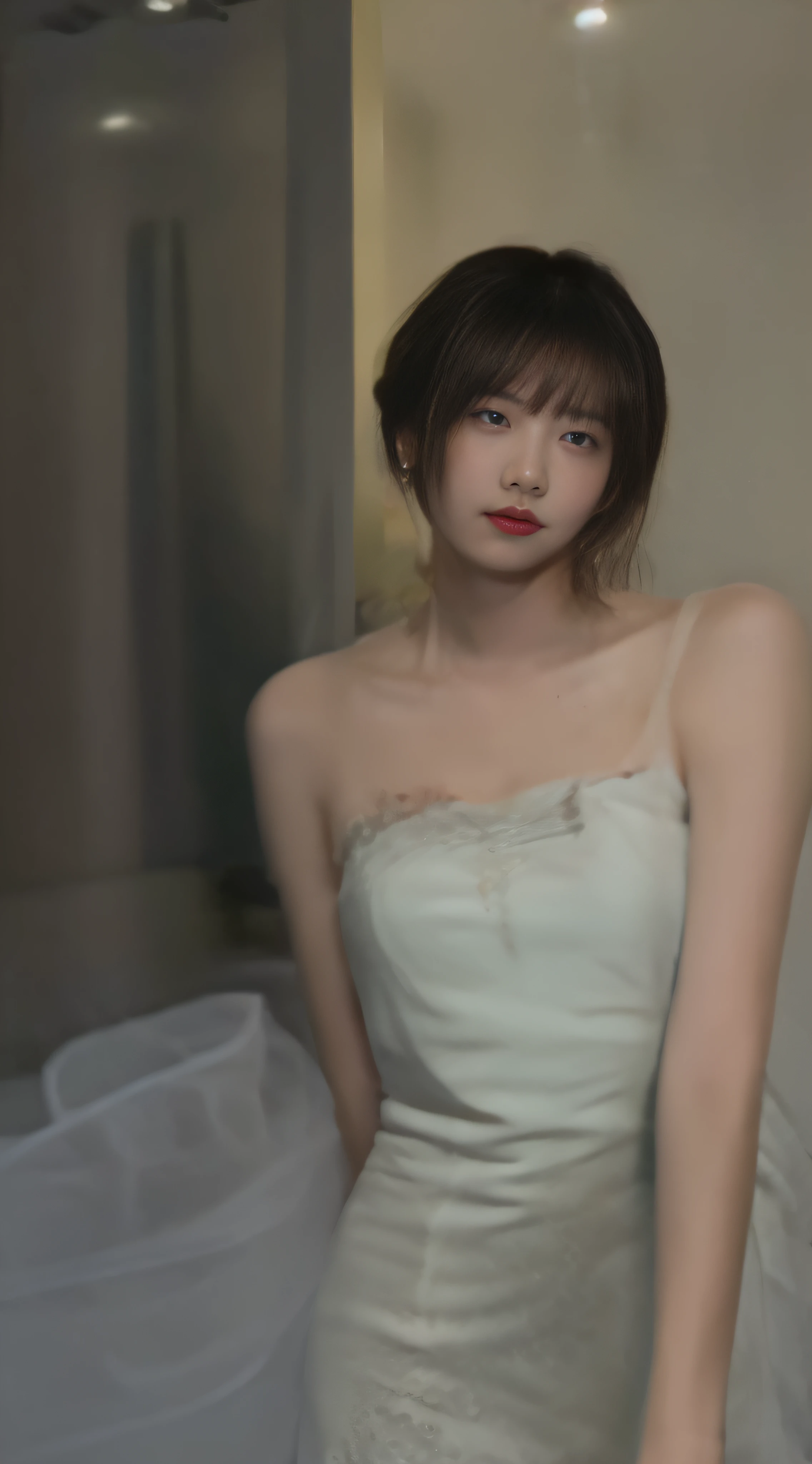 Create a captivating photorealistic digital portrait of a Korean woman exuding confidence and allure. Utilize the rule of thirds for composition and dramatic lighting to accentuate her features, while detailing her medium-length hair and distinctive nose. Depict her wearing a black party dress with a choker, flaunting a seductive smirk. Holding a drink. Frames her against an intricate background that enhances depth. Infuse analog aesthetics for a touch of raw realism, celebrating both her magnetic presence and Latina heritage. photorealistic, analog, realism