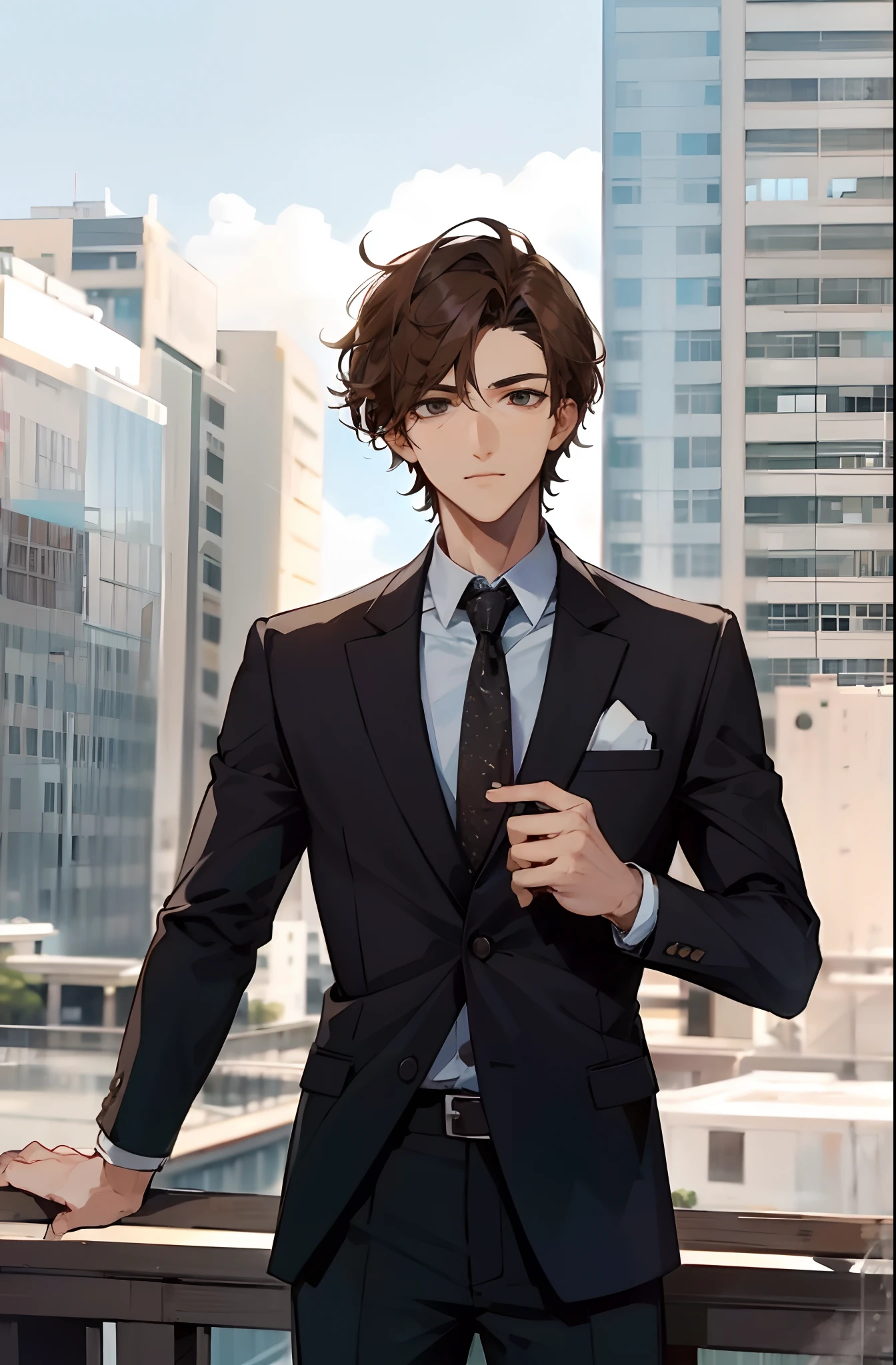 25-year-old handsome boy,Business suit，with short brown hair,Black eyes,Best quality++,Beautiful eyes++,Beautiful hair,