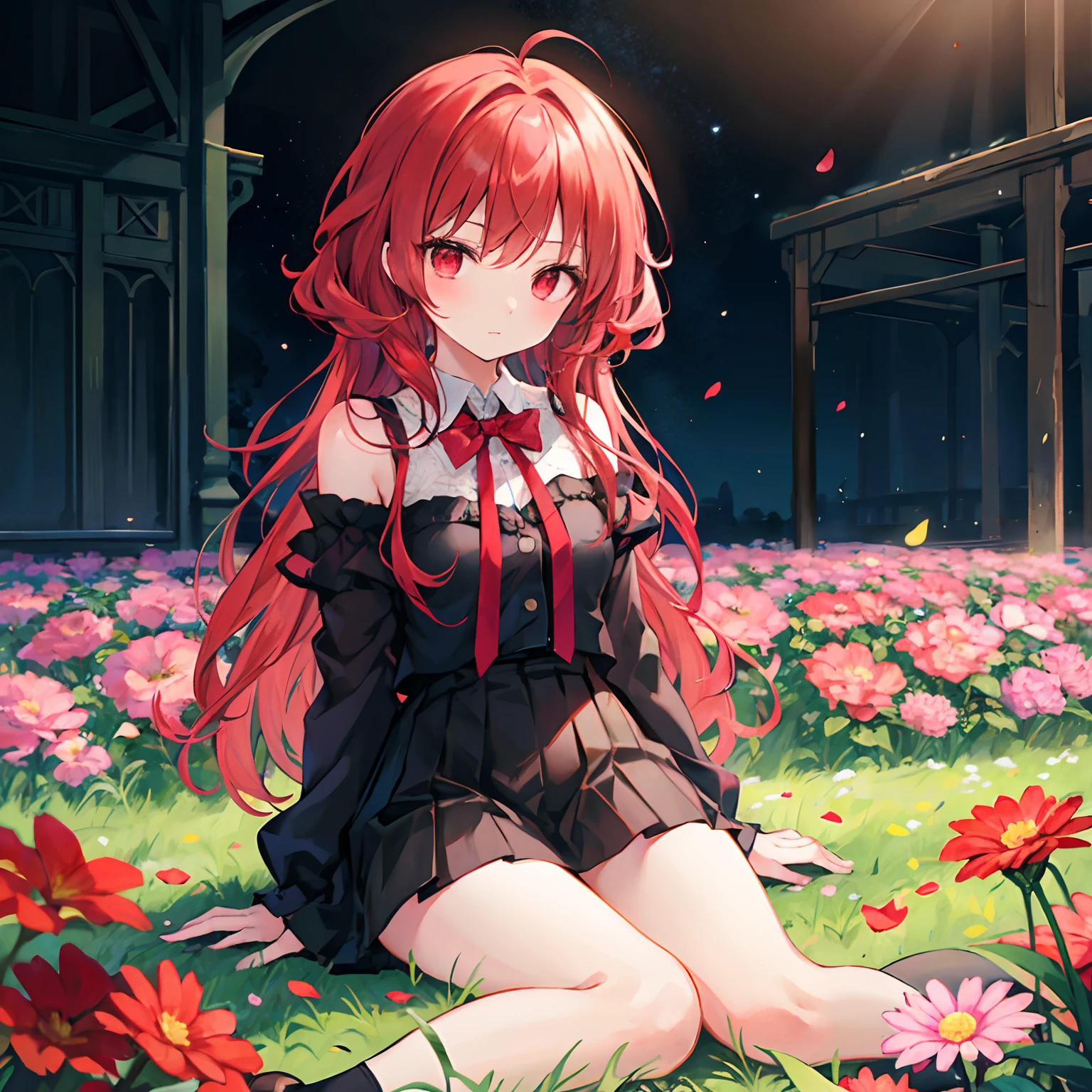 Wavy red hair、red eyes、Beautiful girl alone、doress、off shoulders、a miniskirt、Black tights、sitting on、flower  field、