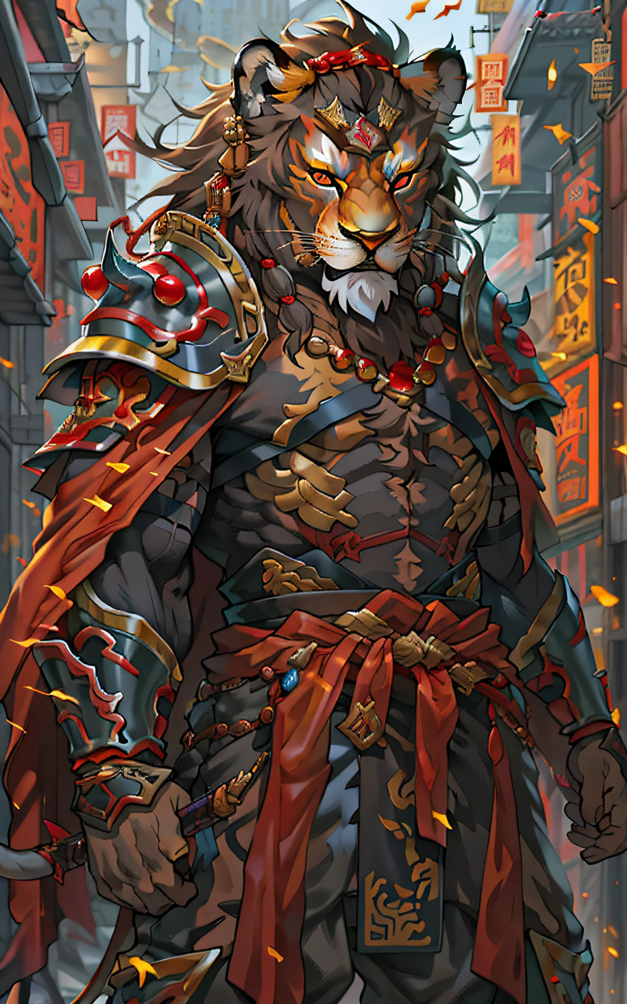 Lion warriors, Full body like，Close-up of lion warrior holding a sword in the city, Determined eyes，Fierce，Akira in Chinese mythology, an epic majestical degen trader, bian lian, by Yang J, Chinese Warrior, fire lion, Son Goku, cgsociety and fenghua zhong, inspired by Li Kan, epic samurai warrrior, Cat Warrior, lord of beasts, Red tattered cloak，Armour，Full body standing painting，Fantasy setting, character concept, character art, Character portrait, Cartoon, Best quality, Best resolution, 4K, Vivid colors, Vivid, High detail, best detail, confident pose, extrovert, look from down, Serious expression