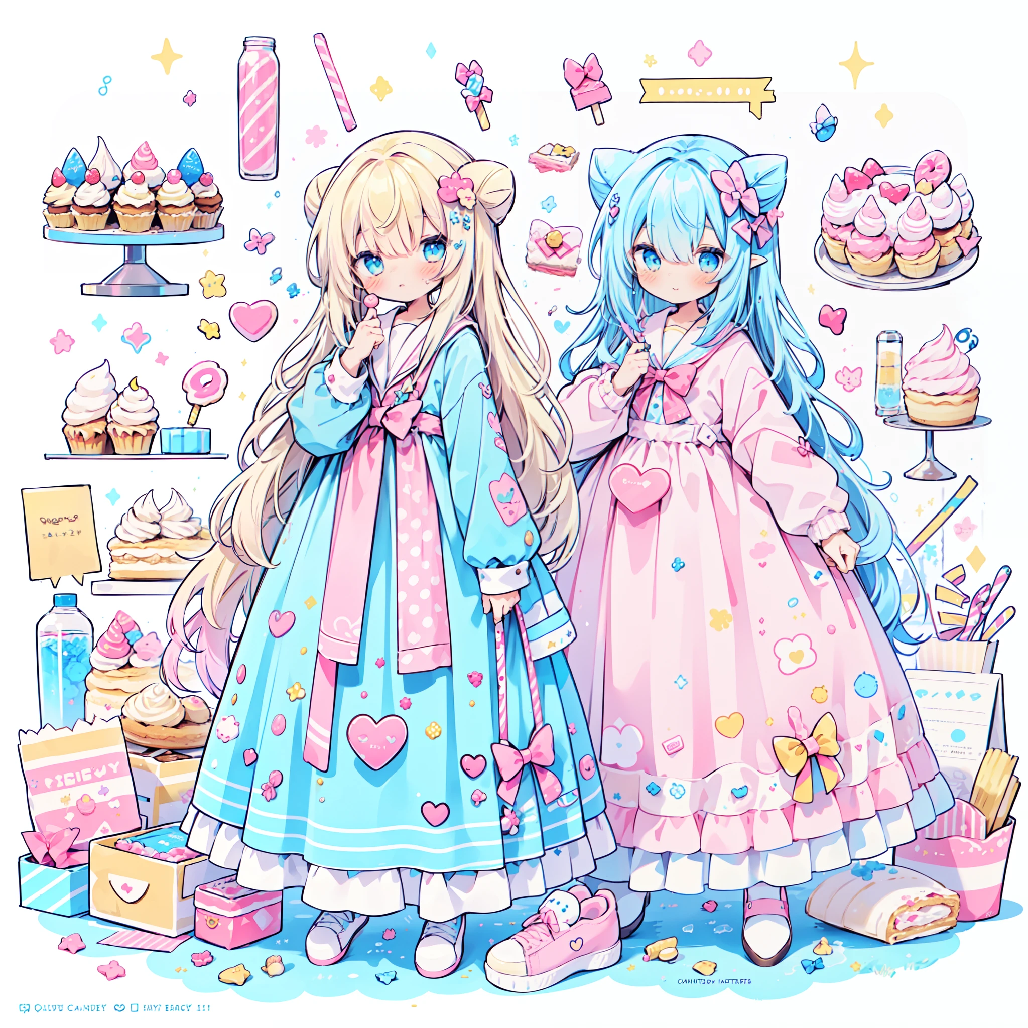 1girl in, Pastel muted colors, (The color palette is yellow:1.2, Blue:1.2, Pink:1.2), (Blue hair bun and blonde), Sitting on a throne made of sweets and pastries, For example, donuts, Sprinkle, candy, lollipop, candy cane, a cake, cupcake, Cake Pop, Ruffles and lace, polka dot, Long bat ears