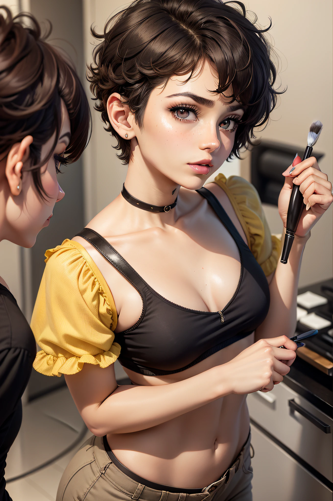 there is a woman with a yellow top and a purple miniskirt, short brown hair and large eyes, androgynous face, with short hair, curly pixie hair, curly pixie cut hair, headshot of young female furry, halfbody headshot, black hair and large eyes, around 1 , androgynous person, profile image, small lips pointy nose, realistic body structure, doing makeup, She is doing make-up, holding mascara in her hand