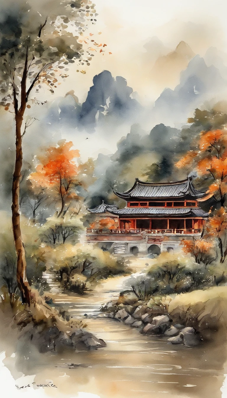 Quaint Han Dynasty style temple,courtyard,pagoda,Buildings,grassy,tree,florals,Ancient trees outside the temple,There is a little monk cleaning up fallen leaves,The bird,An autumn scene,the setting sun,(Chinese landscape painting),(ink and watercolor painting),(8k wallpaper),(light and shadow effect),rendering by octane,White balance design,Extremely detailed picture depiction,wide angles,depth of fields,tmasterpiece,realisticlying,Beautifully depicted,A detailed,acurate,Works of masters,tmasterpiece