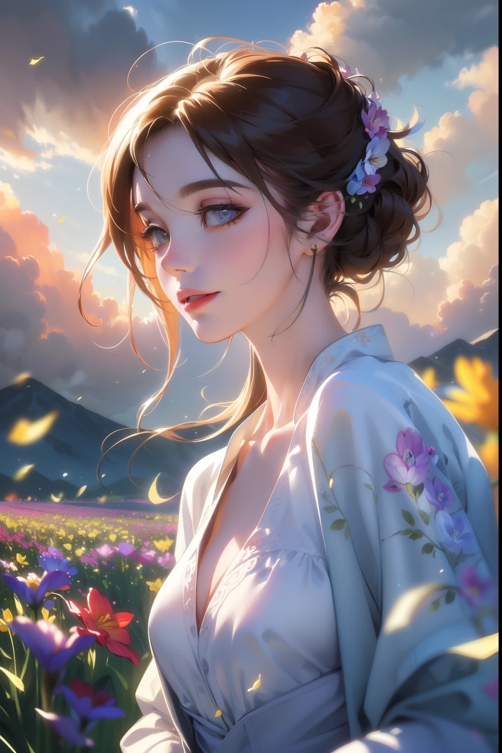1girl, dynamic angle, cloud and mountain, (flower field:1.4) in the foreground, white dress, light tracing, (floating colorful wind:1)
(photorealistic:1.4), official art, unity 8k wallpaper, ultra detailed, beautiful and aesthetic, masterpiece,best quality, glowing skin, cinematic lighting, light smile