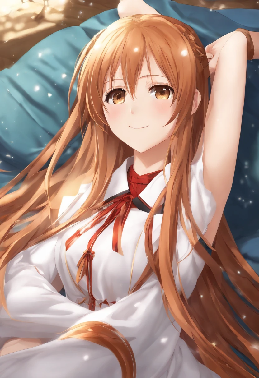 Asuna, Asuna_(estrela), 1girl, fantasia, Altas, Olhando_fora, Olhando_To_o_lado, Original, Realistic, scenecy, Close-up, superior_corpo, sorridente, action pose,em_cama,