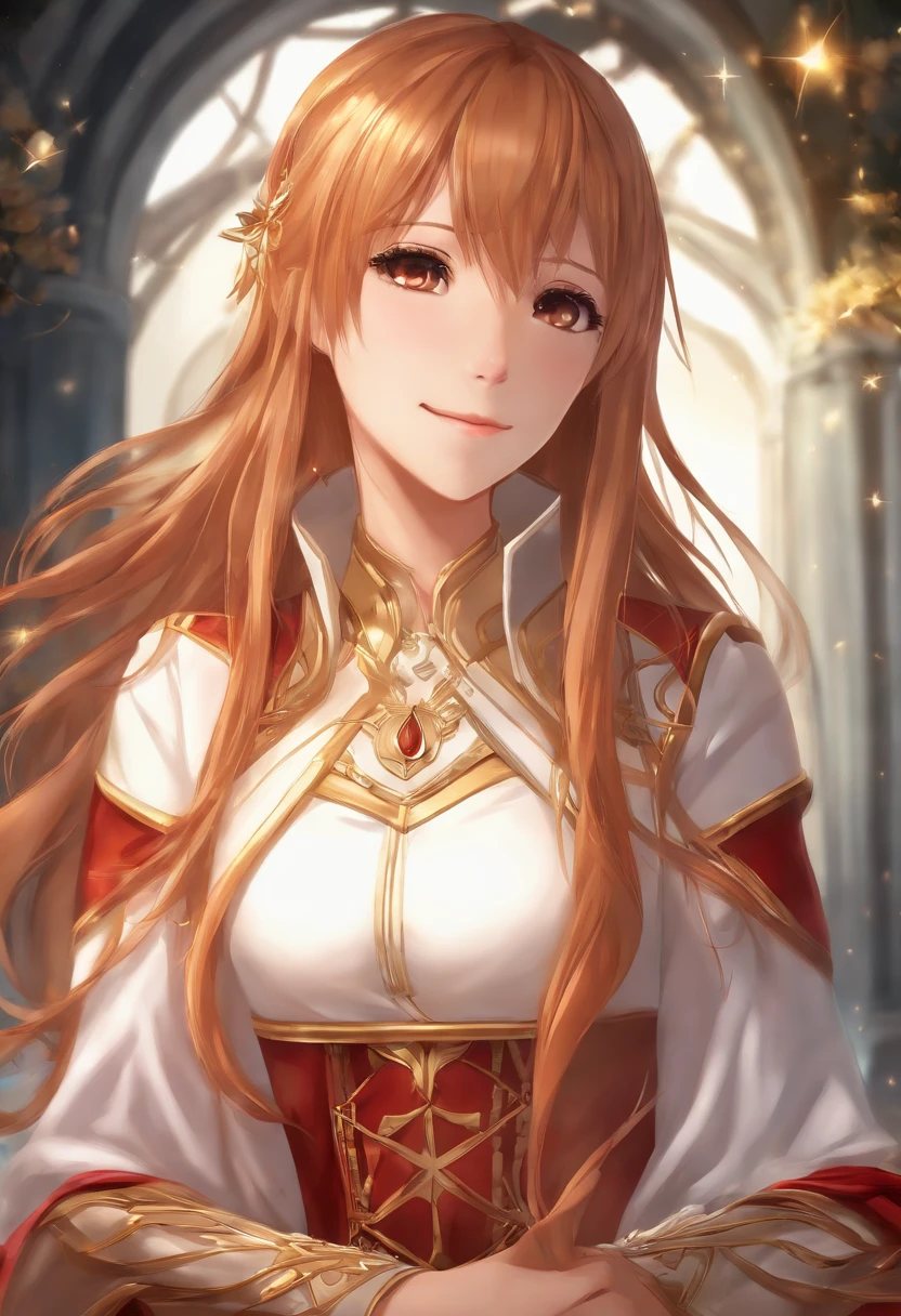 Asuna, Asuna_(estrela), 1girl, fantasia, Altas,  Olhando_fora, Olhando_To_o_lado,  Original, Realistic,   scenecy,  Close-up, superior_corpo, sorridente, action pose,em_cama,