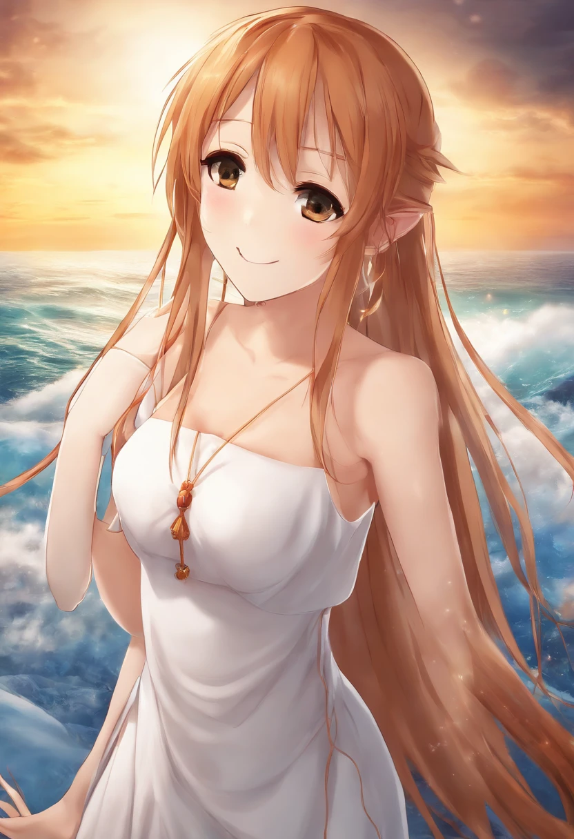 Asuna, Asuna_(estrela), 1girl, fantasia, Altas,  Olhando_fora, Olhando_To_o_lado,  Original, Realistic,   scenecy,  Close-up, superior_corpo, sorridente, action pose,em_cama,