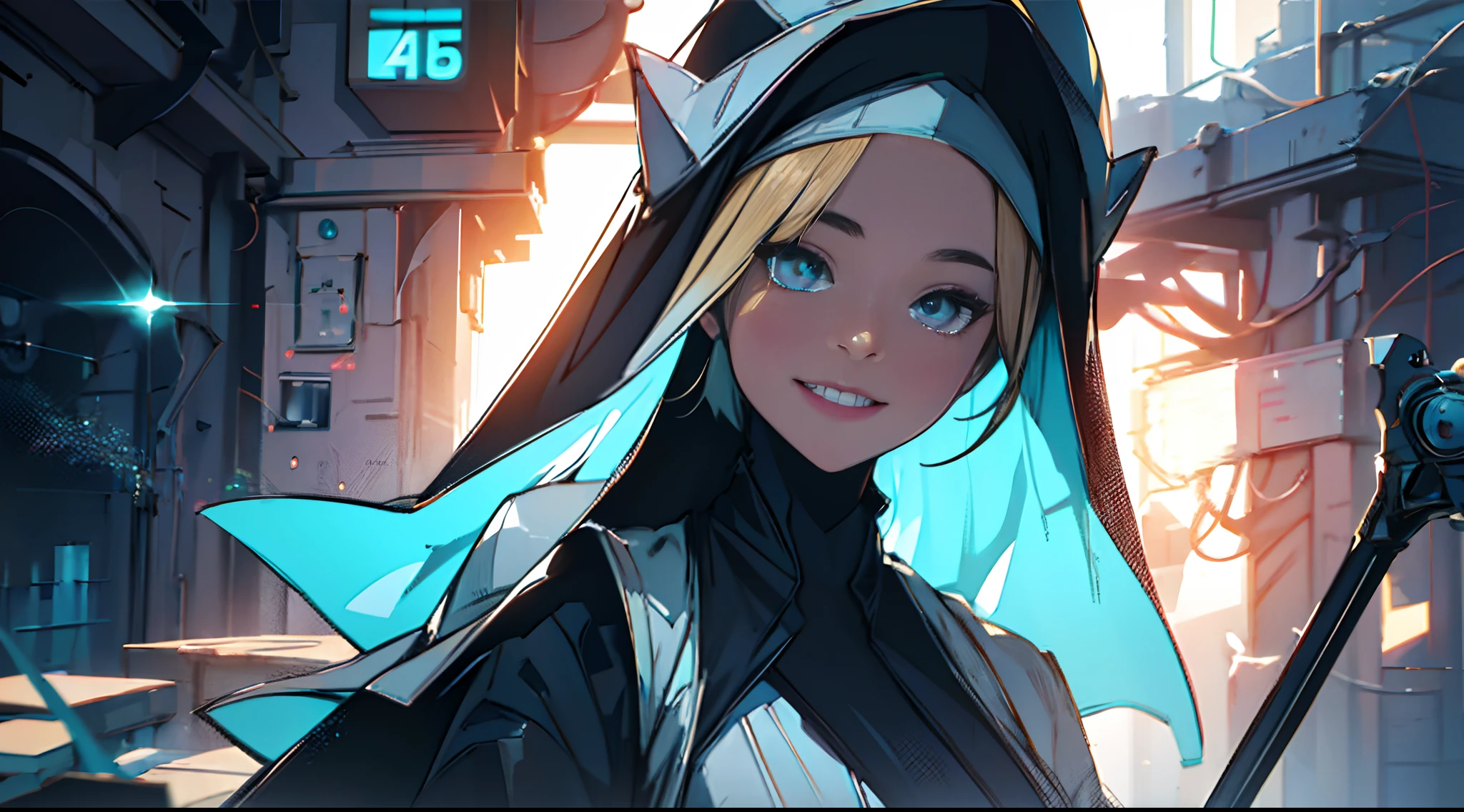 1 adult woman, High detail mature face, long bread blond hair, smile, blue eyes, black and white Nun hat, high res, ultra sharp, 8k, masterpiece, looking at viewer, long black gloves, Sharp eyes, ((Best quality)), ((masterpiece)), 3D, HDR (High Dynamic Range),Ray Tracing, NVIDIA RTX, Super-Resolution, Unreal 5,Subsurface scattering, PBR Texturing, Post-processing, Anisotropic Filtering, Depth-of-field, Maximum clarity and sharpness, Multi-layered textures, Albedo and Specular maps, Surface shading, Accurate simulation of light-material interaction, Perfect proportions, Octane Render, Two-tone lighting, Wide aperture, Low ISO, White balance, Rule of thirds,8K RAW, Aura, masterpiece, best quality, Mysterious expression, magical effects like sparkles or energy, flowing robes or enchanting attire, mechanic creatures or mystical background, rim lighting, side lighting, cinematic light, ultra high res, 8k uhd, film grain, best shadow, delicate, RAW, light particles, detailed skin texture, detailed cloth texture, beautiful face, fighting stance , holding staff