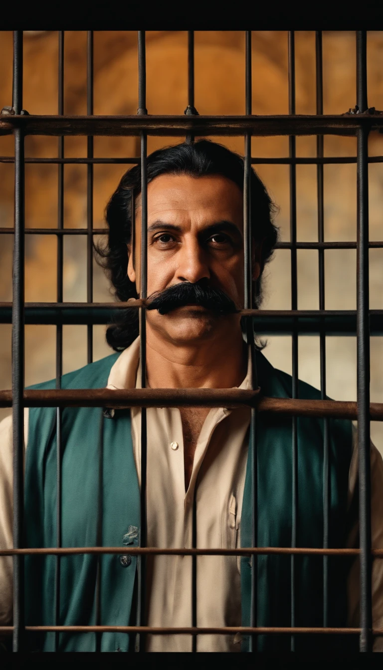 luiz gavarito com bigode mexicano, looking at viewer , soft-lighting, obra prima, melhor qualidade, 8k UHD, DSLR,luiz garavito com bigode mexicano, serial killer, violador, in prison with bars seen from afar