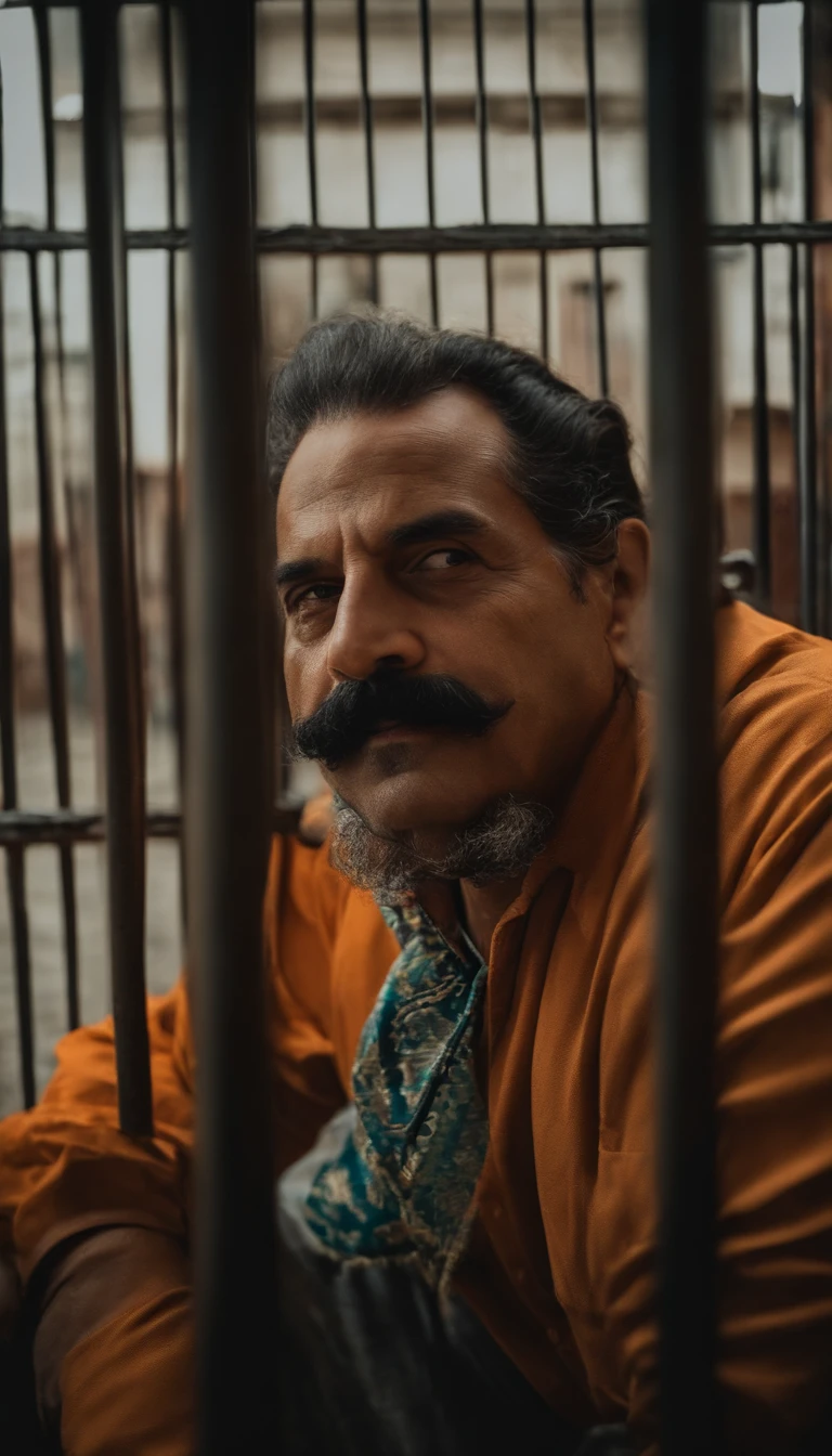 luiz gavarito com bigode mexicano, looking at viewer , soft-lighting, obra prima, melhor qualidade, 8k UHD, DSLR,luiz garavito com bigode mexicano, serial killer, violador, in prison with bars seen from afar