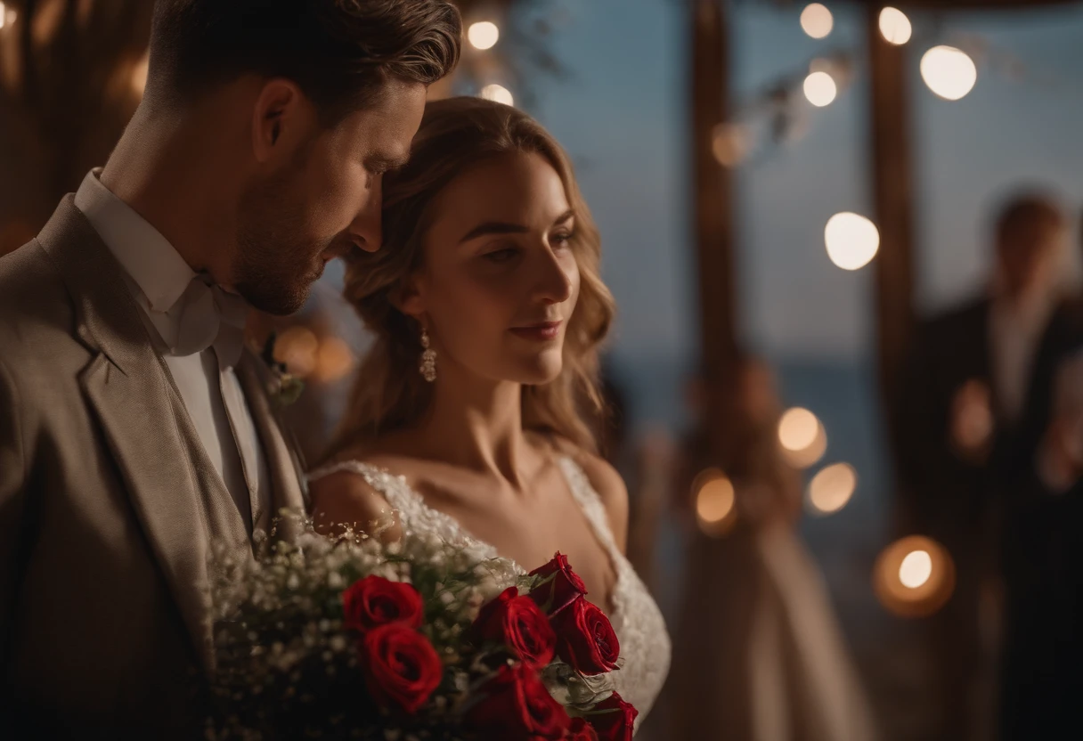 25 YEAR OLD MAN AND WOMAN GETTING MARRIED, CHILDREN PLAYING AROUND, LOVE, ROMANTIC, ROMANCE, FLOWERS, ROSES, NATURE, MOONLIGHT, 8K, intricate details, HDR, beautifully shot, realistic, sharp focus, 64 megapixels, perfect composition, high contrast, cinematic, 8K, CAUCASIAN, BLUE EYES, Italy