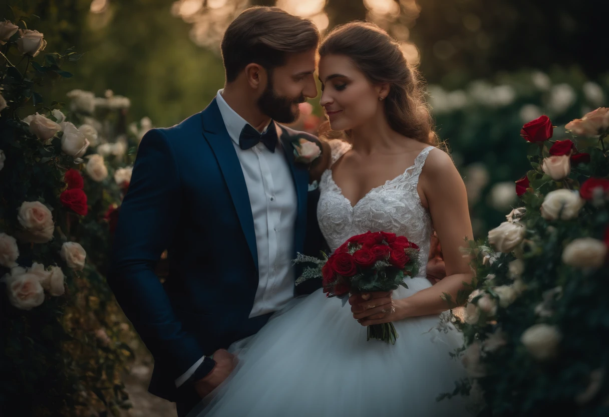 25 YEAR OLD MAN AND WOMAN GETTING MARRIED, CHILDREN PLAYING AROUND, LOVE, ROMANTIC, ROMANCE, FLOWERS, ROSES, NATURE, MOONLIGHT, 8K, intricate details, HDR, beautifully shot, realistic, sharp focus, 64 megapixels, perfect composition, high contrast, cinematic, 8K, CAUCASIAN, BLUE EYES, Italy