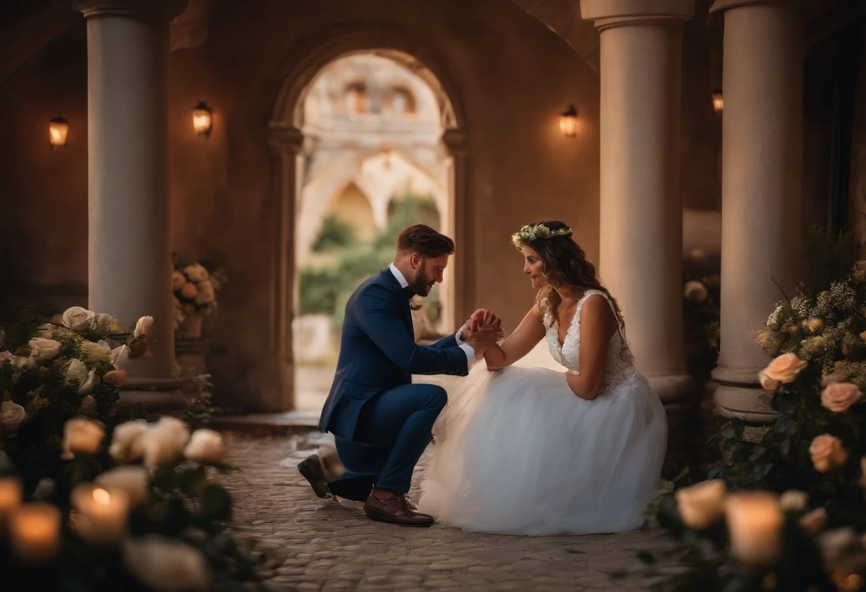 25 YEAR OLD MAN AND WOMAN GETTING MARRIED, CHILDREN PLAYING AROUND, LOVE, ROMANTIC, ROMANCE, FLOWERS, ROSES, NATURE, MOONLIGHT, 8K, intricate details, HDR, beautifully shot, realistic, sharp focus, 64 megapixels, perfect composition, high contrast, cinematic, 8K, CAUCASIAN, BLUE EYES, Italy