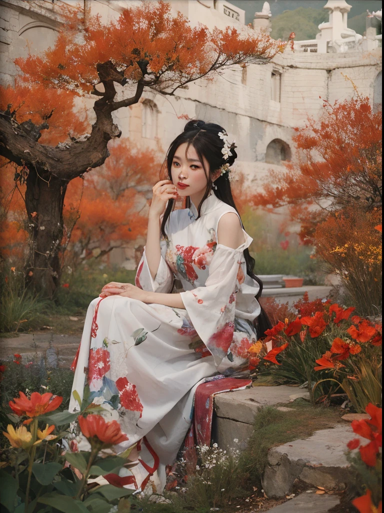 Best qualtiy,(Oil Painting:1.5),One has long black hair.,A woman with white flowers in her hair,Sit in front of a Chinese landscape painting,Red Dresses(Amy Saul:0.248),(Stanley Ategg Liu:0.106),(Detailed drawings:0.353),(gothic art:0.106)