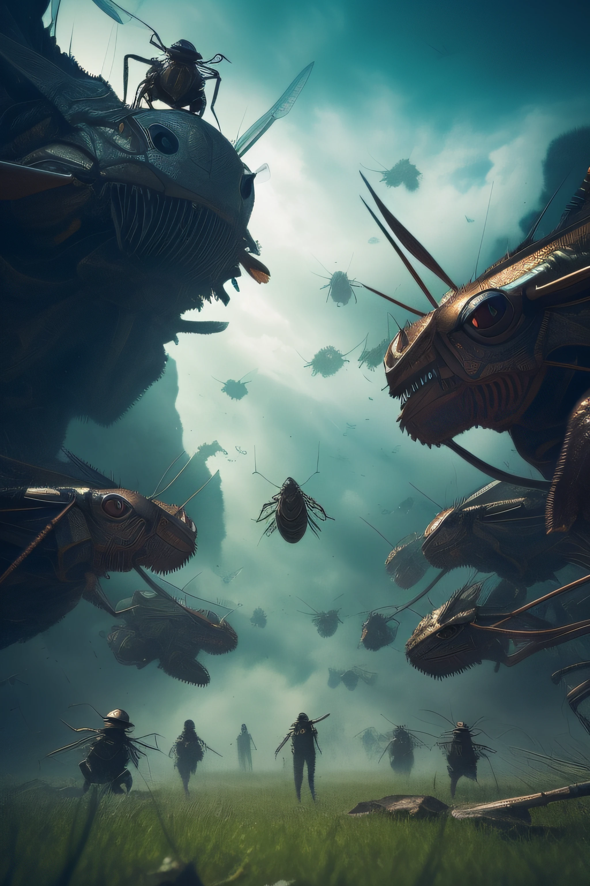 A giant group of giant grasshoppers devouring human flesh, surrealism, wide-angle, super detailed, insectoid, (best quality, 4k, 8k, highres, masterpiece:1.2), ultra-detailed, (realistic, photorealistic, photo-realistic:1.37), HDR, UHD, studio lighting, vivid colors, sharp focus, physically-based rendering, extreme detail description, professional, portraits, landscape, horror, sci-fi, fantasy, wide-angle shot, vibrant colors, eerie lighting, ethereal atmosphere, grotesque, otherworldly, dreamlike, twisted perspective, unnatural scale, swarm of grasshoppers, haunting scene.