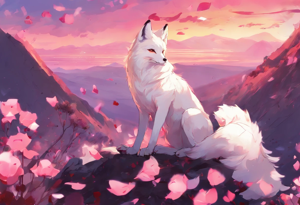 White-furred fox girl with little hechi-style clothing on top of a mountain at sunset surrounded by rose petals