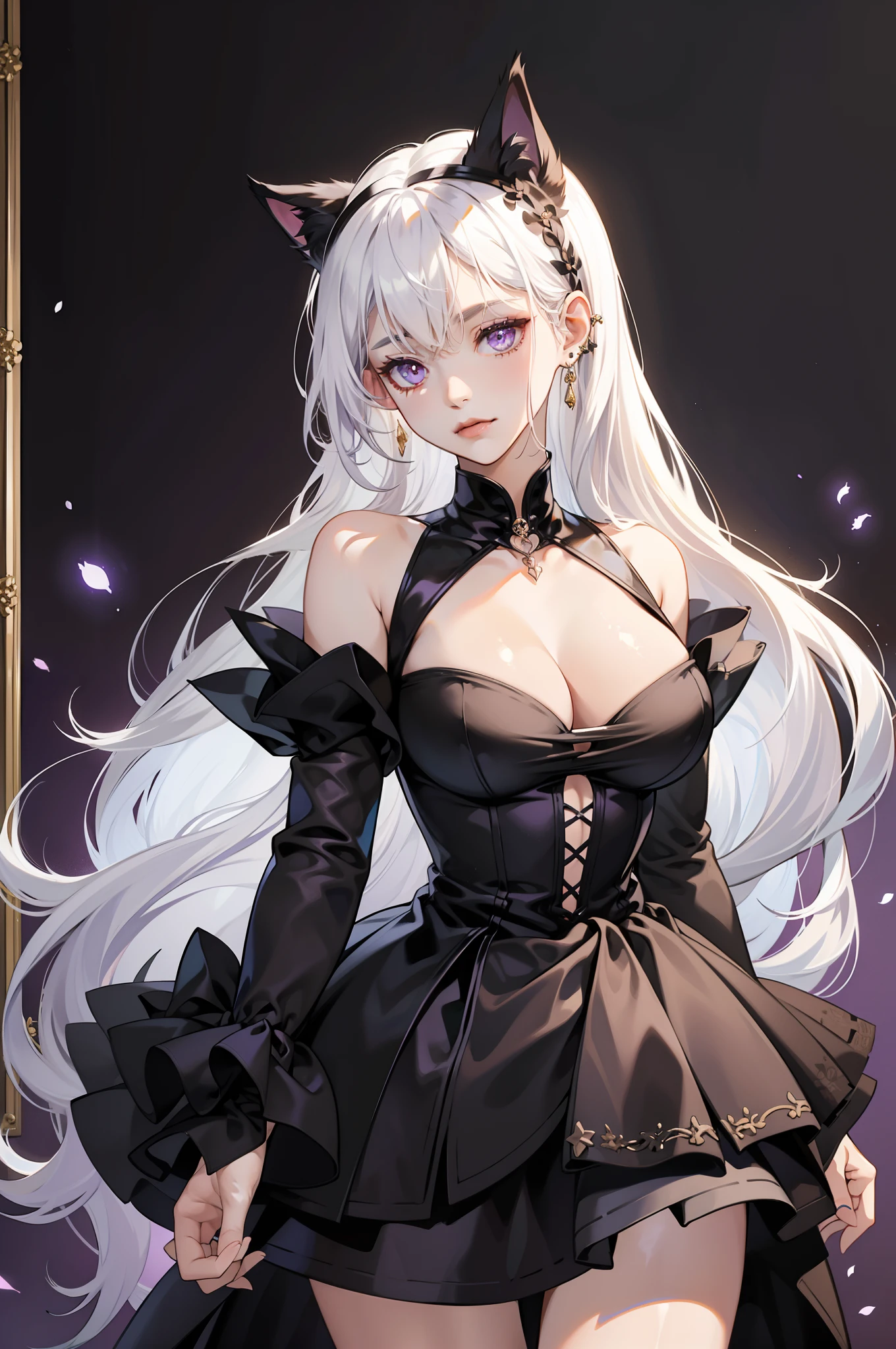 White hair fantasy woman in black dress, 1girll, Breasts, Solo, Very long hair, dress, Very short skirt，cleavage, Purple eyes, ((Black cat ears)), A short black Romanesque dress,Tight straps at the waist，There are gold accents on the clothes，耳Nipple Ring,jewelry, White hair, Bare shoulders, bangs