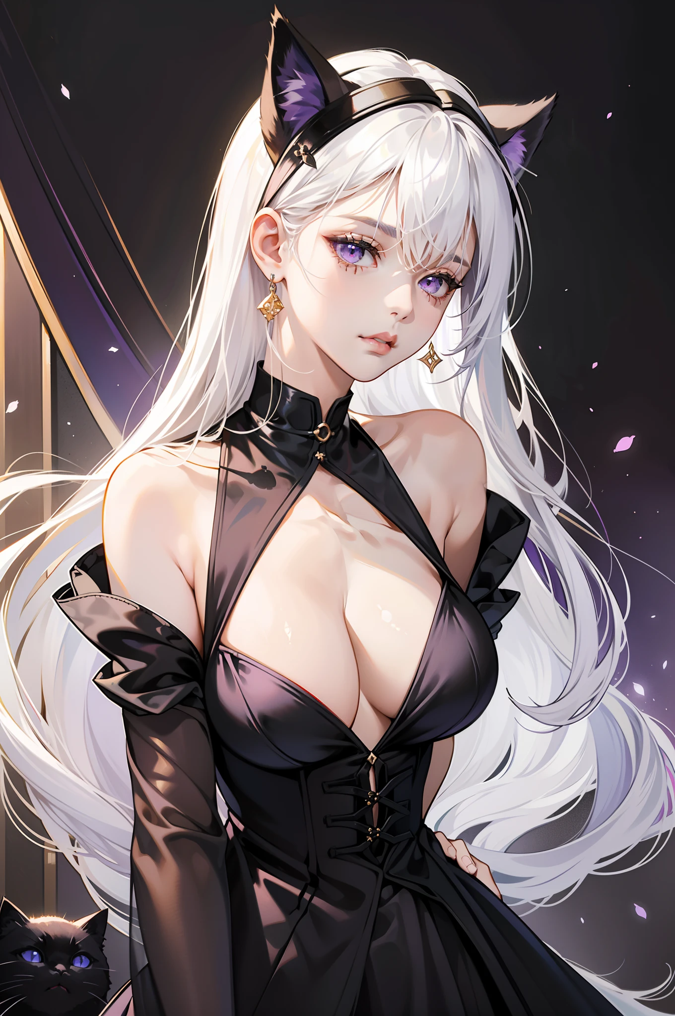White hair fantasy woman in black dress, 1girll, Breasts, Solo, Very long hair, dress, Very short skirt,cleavage, Purple eyes, ((Black cat ears)), A short black Romanesque dress,Tight straps at the waist,There are gold accents on the clothes,耳Nipple Ring,jewelry, White hair, Bare shoulders, bangs