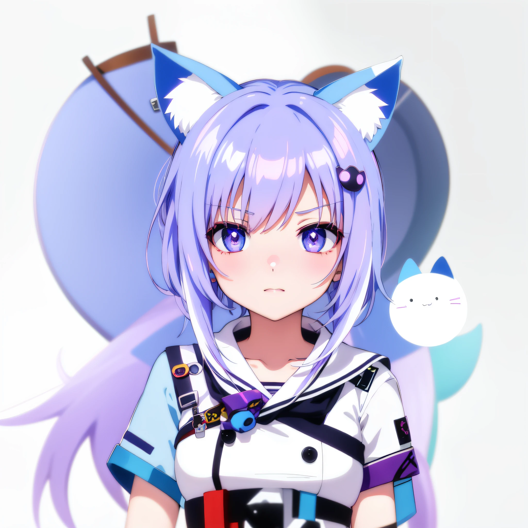 Purple colored hair,Anime girl with blue eyes and white shirt, Anime moe art style, mikudayo, anime girl with cat ears, in an anime style, cute anime catgirl, flat anime style shading, Anime art style, In anime style, Cute!! tchibi!!! Cat woman, Anime Stylization, advanced digital chibi art, anime style character, holograph