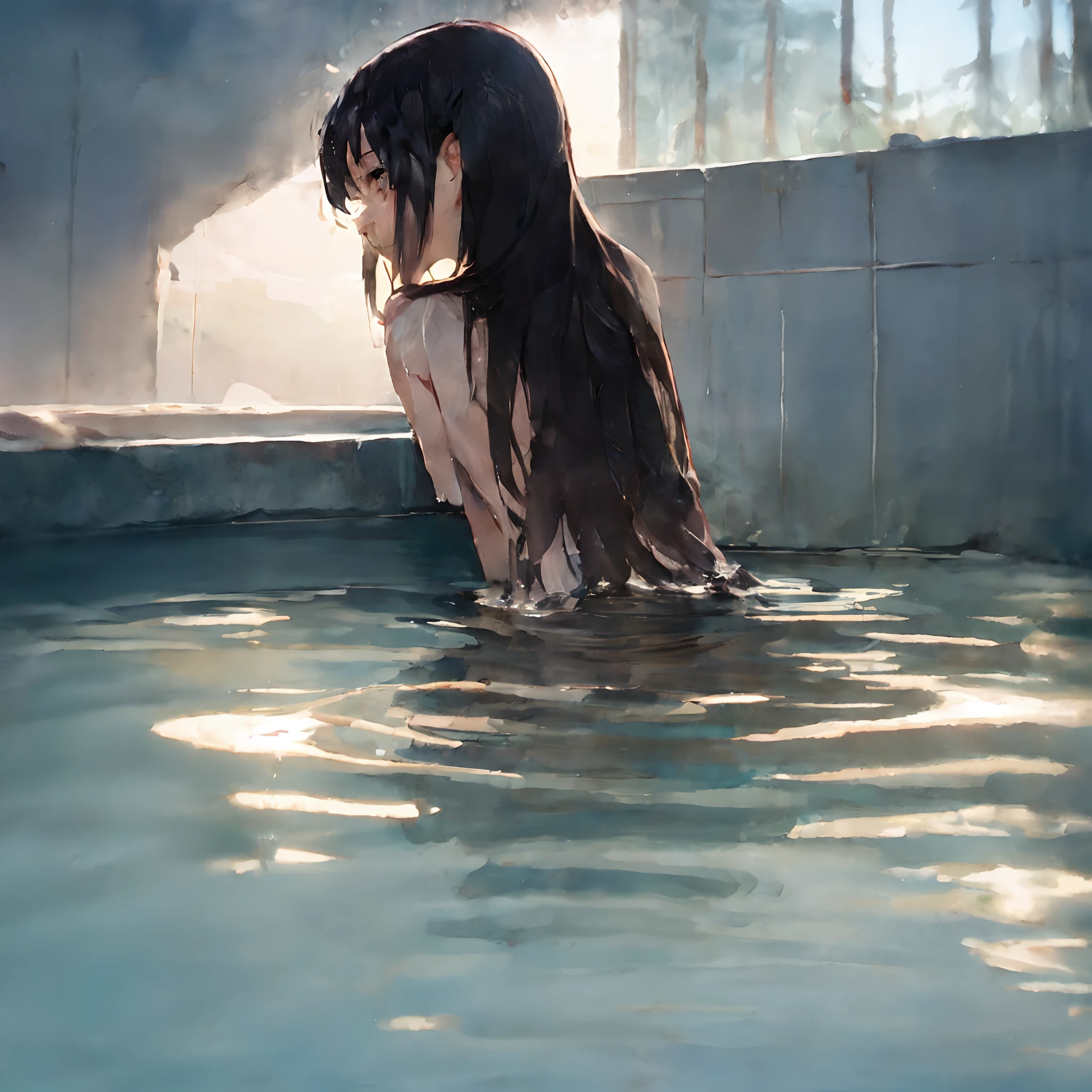 Anime girl in the pool with her head immersed in water, ( ( By Shinkai Makoto ) ), in water, By Shinkai Makoto. - H 2160, makoto shinkai cyril rolando, makoto shinkai art style, Anime. Soft lighting, Reflectors. by makoto shinkai, In the water, artwork in the style of guweiz