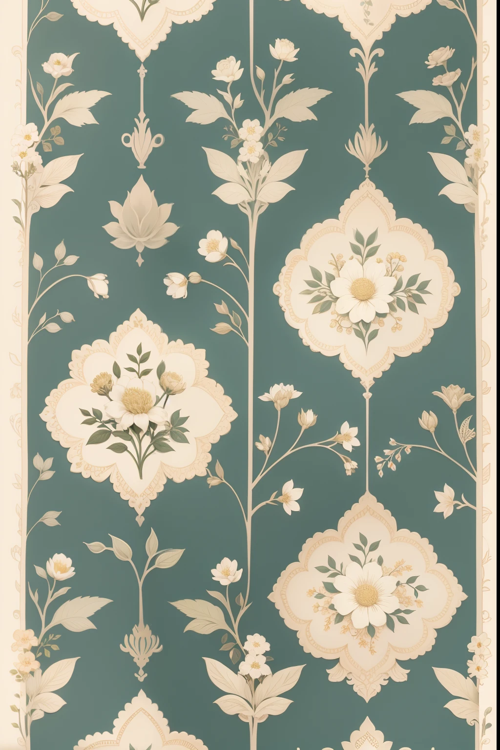 A textile design drawing，There are birds and flowers，French wallpaper，Inspired by Chanel，Small aromatic style，European court style，The delicate European pattern exudes a strong French atmosphere，Fresh white and pale green elements。Pattern and texture details reveal the unique charm of Chanel's style，The delicate fabric texture blends perfectly with the European pattern。Some lines are intertwined，The tension effect is perfect，The fashion taste is very high class and warm
