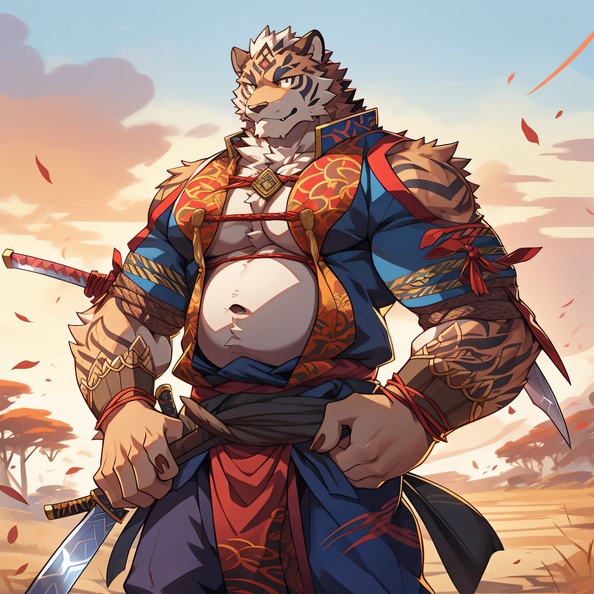 Lin Hu，musculature，tit，Fat Chubby，Wear a katana，potbelly，Plump and firm，Huge protrusions on the lower body，Wear a katana，Samurai style，carrying swords on his back，Five fingers，byself，Put your hands in your pockets