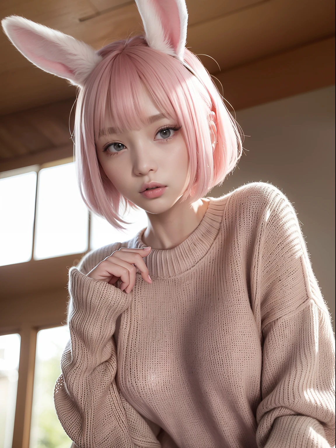 Wearing a beige knitted sweater、Pink hair、shoulders protruding from a knitted sweater,、Realistic rabbit ears、rabbit ears pink hair sticking out of the head,,,、Bewitching atmosphere、Beautiful shaped hands、K-POP、Pink rabbit ears、1 girl in、独奏、masterpiece、top-quality、realisitic、Hyper-detailing、(Glossy skin:1.4)、absurderes、short pink hair、Slender beauties、动态照明、hight resolution、foco nítido、depth of fields、(thick thight:1.0)、A slender :1.2、((Short-cut bob hair))、((k pop:1.3))、Highly detailed facial and skin texture、((魅惑的))、Anatomically correct number of fingers、Correct anatomy、Angle from below