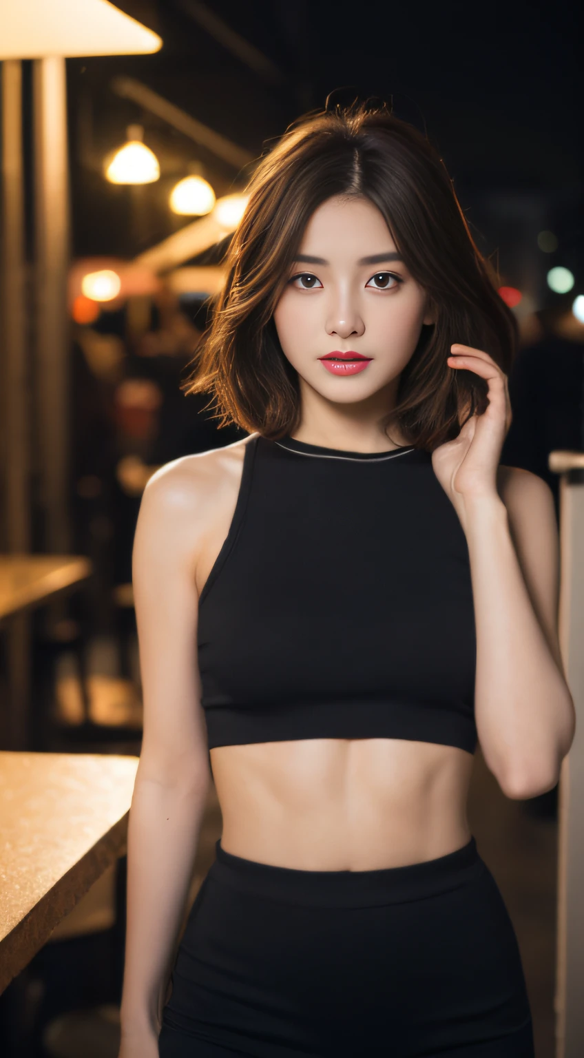 ((Realistic lighting, Best quality, 8K, Masterpiece: 1.3)), Clear focus: 1.2, 1girl, Perfect Figure: 1.4, Slim Abs: 1.1, ((Dark brown hair)), (pink crop top: 1.4), (Cafe, Day: 1.1), Beach, Super fine face, Fine eyes, Double eyelids,