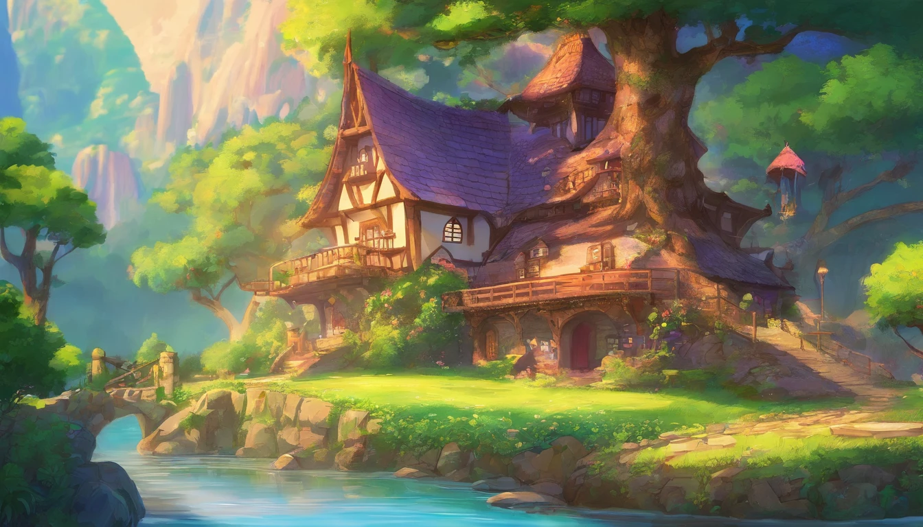 anime style cottage near a river, vivid colours, anime background art, anime countryside landscape, beautiful anime scenery, anime background, anime landscape wallpaper, anime scenery concept art, anime landscape, anime scenery, anime beautiful peace scene, background artwork, beautiful anime scene, scenery artwork, anime nature wallpap, anime art wallpaper 8 k, anime art wallpaper 4 k