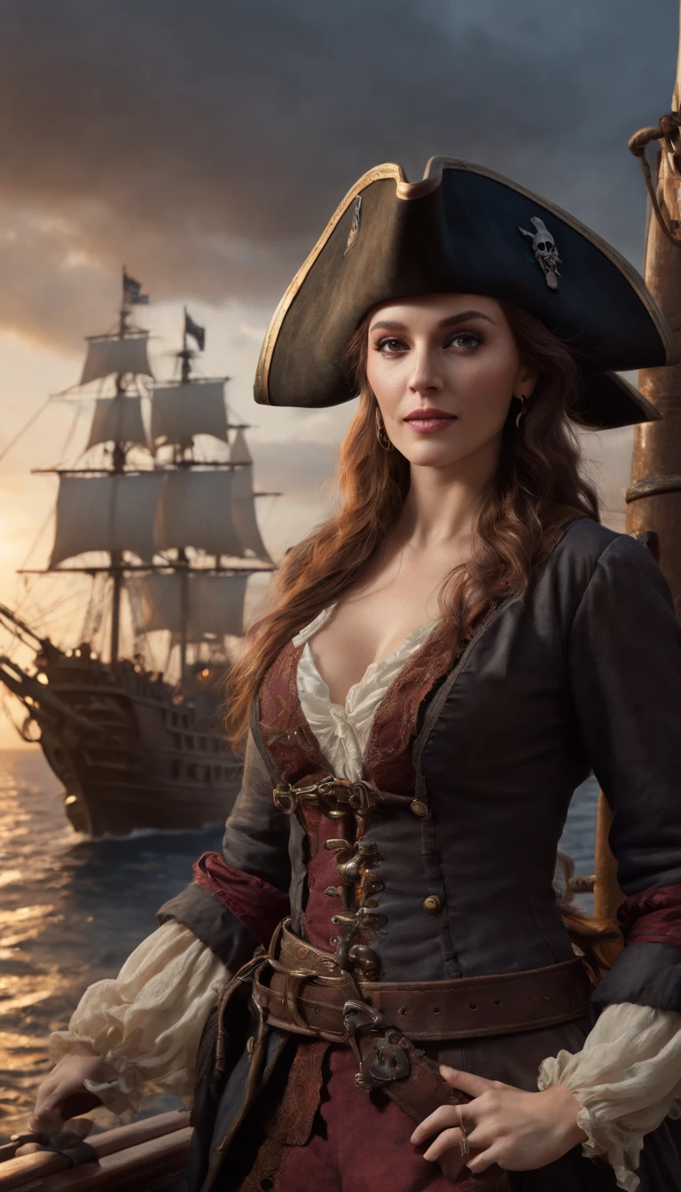 (8k, Best Quality, Masterpiece: 1.2), Photorealism, A realistic female pirate head with hair flying in the wind, Real photo, (((black tricorn hat))), ((skull pirate logo)) , (On a pirate ship: 1.50), eyes, (((night))), dim lights, 18th century clothing, cover, ultra-detailed painting, dim lights, flames of war, detailed patterns, dark makeup, earrings, treasure, driving ship, firelight, complex, cheerful, hearty smile, 8k resolution, gemstone necklace, tattoo, musket, parrot, on a moving ship, mast, fractal isometric detail, realistic face, realistic color scheme, rum wine,parrot,davinci,.12k,complex,movie,real life people,shadow studio,rim light,dim light,low key,cinematic,super detailed,crazy detail,beautiful color grading,unreal engine, DOF, super-resolution, megapixels, cinematic lightning, anti-aliasing, FKAA, TXAA, RTX, SSAO, post-processing