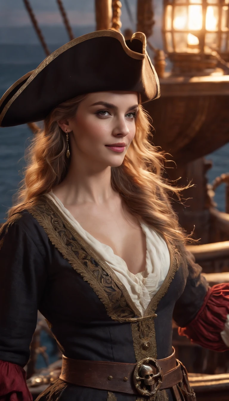 (8k, Best Quality, Masterpiece: 1.2), Photorealism, A realistic female pirate head with hair flying in the wind, Real photo, (((black tricorn hat))), ((skull pirate logo)) , (On a pirate ship: 1.50), eyes, (((night))), dim lights, 18th century clothing, cover, ultra-detailed painting, dim lights, flames of war, detailed patterns, dark makeup, earrings, treasure, driving ship, firelight, complex, cheerful, hearty smile, 8k resolution, gemstone necklace, tattoo, musket, parrot, on a moving ship, mast, fractal isometric detail, realistic face, realistic color scheme, rum wine,parrot,davinci,.12k,complex,movie,real life people,shadow studio,rim light,dim light,low key,cinematic,super detailed,crazy detail,beautiful color grading,unreal engine, DOF, super-resolution, megapixels, cinematic lightning, anti-aliasing, FKAA, TXAA, RTX, SSAO, post-processing