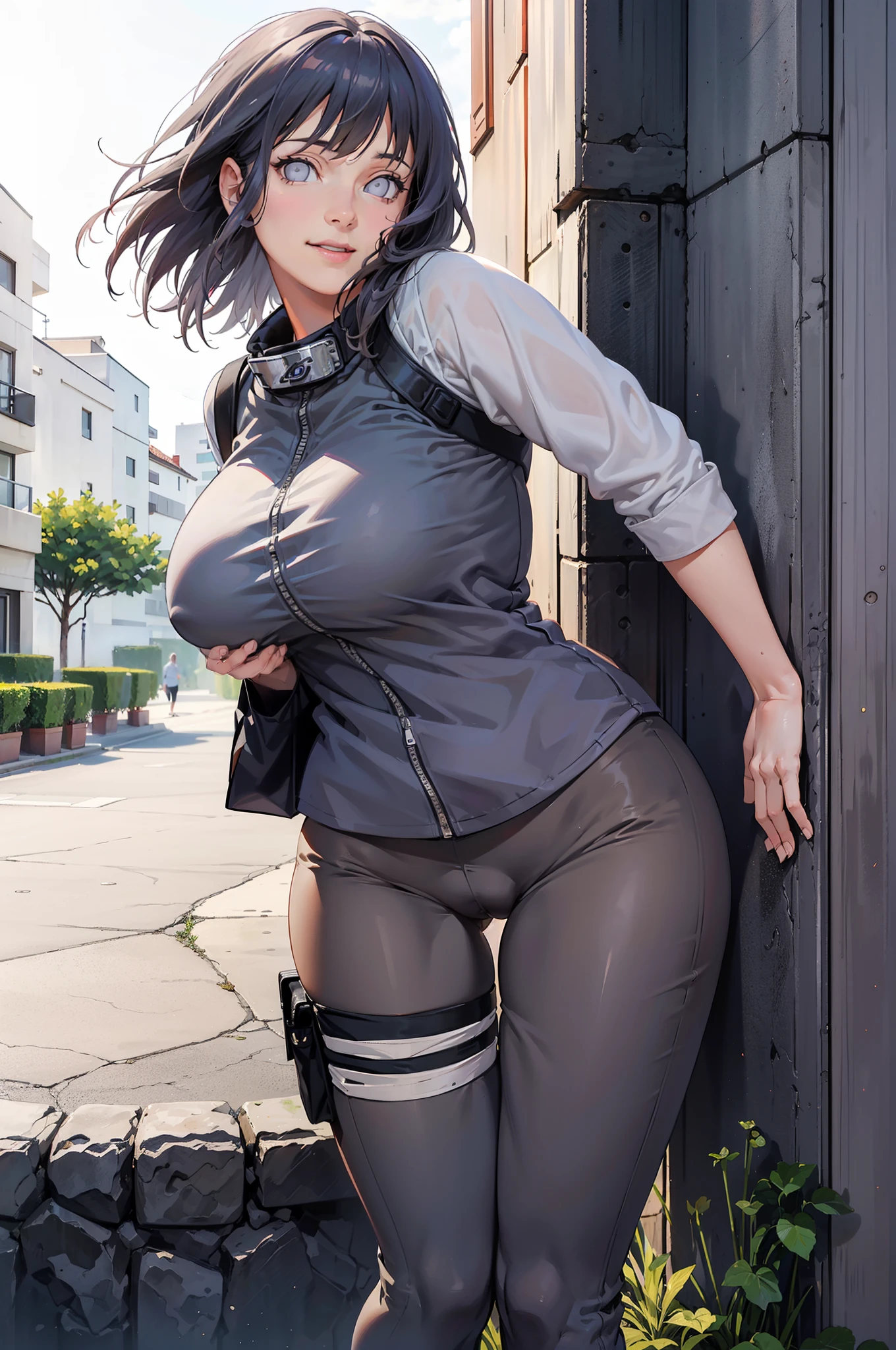 sfw,best quality, ultra high res,ultral detailed face and eyes, (photorealistic:1.4), blurry background,1girl, (solo:1.5), (hinata:1.2), from behind, put hands behind back, girl,teenage,schoniform,from beside,(black:white:green yoga pants), (light brown:red:grey hair:1.4), leaning forward, looking at viewer, smiling, cute, perfect ass,(long legs:1.2),huge breast, naked breasts, narrow waist,crossing the wall,cameltoe, beautiful ass, round ass, ahegao, thigh gap