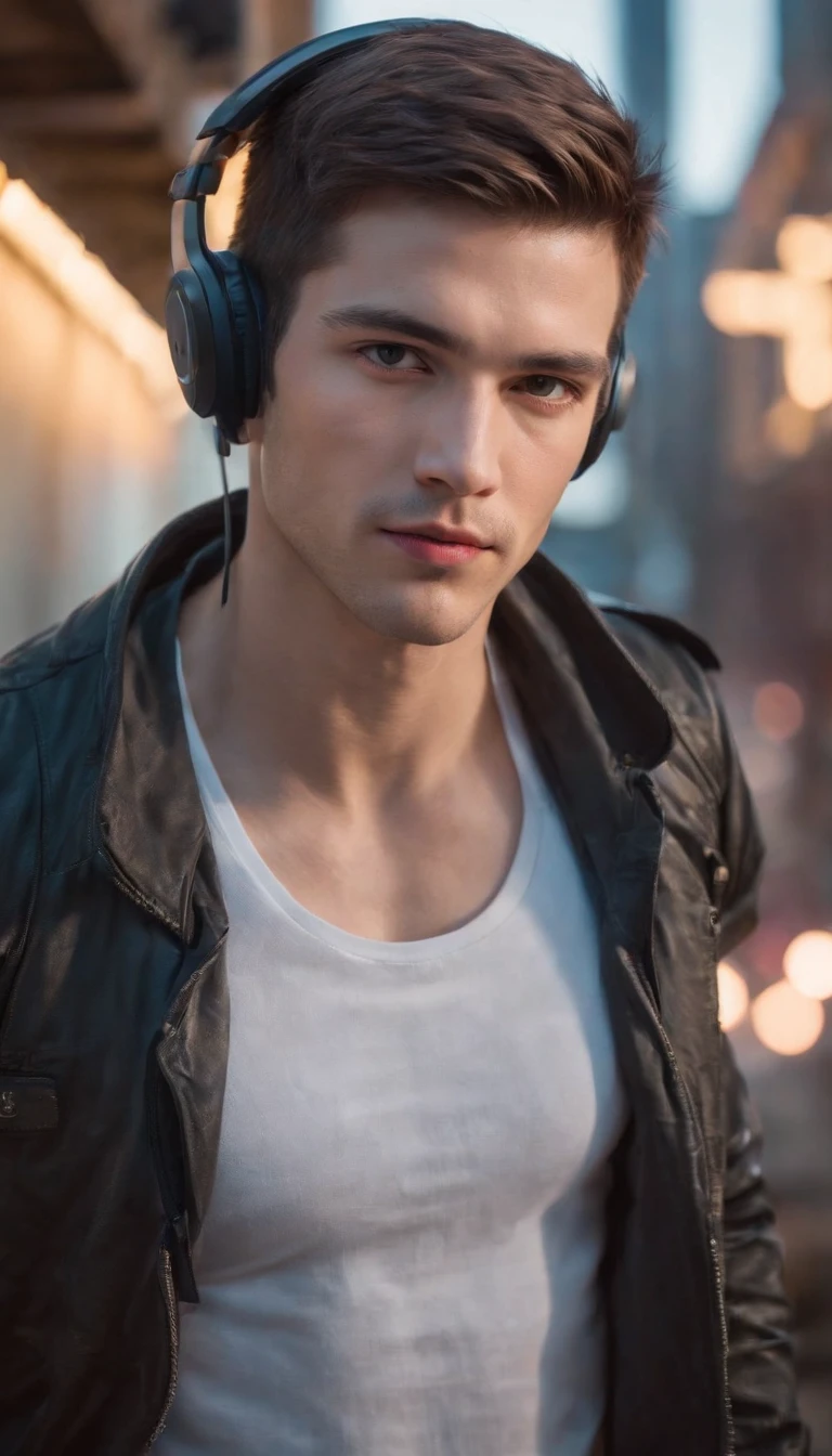 Real photo, reality, photography, super realistic face, Cyberpunk, (1 handsome man :1.3, Cyberpunk cos), short hair, headphones, edge contour painting, facing the viewer, clean skin, (daytime, bright light), bright, character edge light, neon, cable lines, colorful neon, tall buildings, Epic futurism, front lighting, portrait photography, ultra HD digital photos