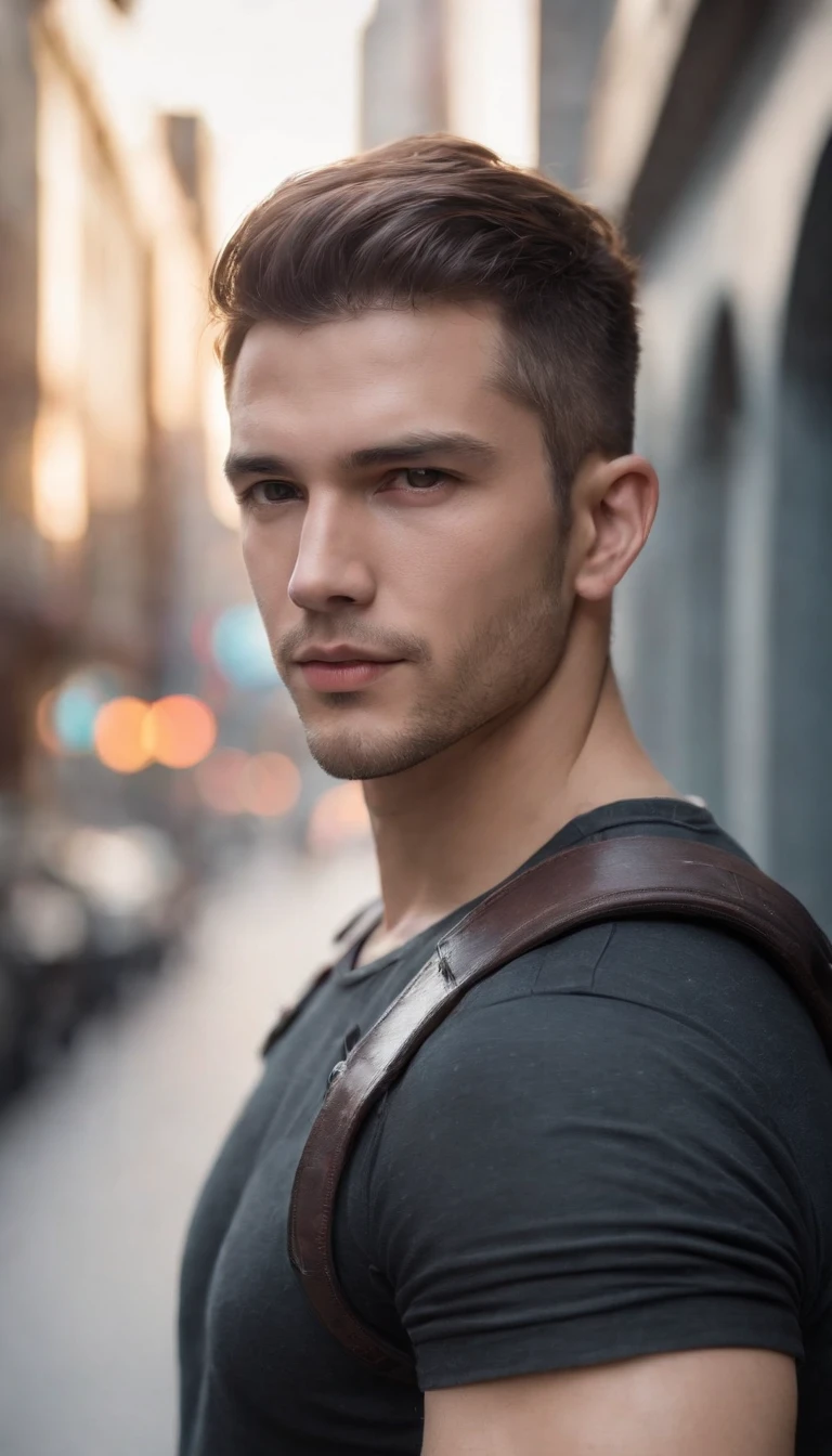 Real photo, reality, photography, super realistic face, Cyberpunk, (1 handsome man :1.3, Cyberpunk cos), short hair, headphones, edge contour painting, facing the viewer, clean skin, (daytime, bright light), bright, character edge light, neon, cable lines, colorful neon, tall buildings, Epic futurism, front lighting, portrait photography, ultra HD digital photos