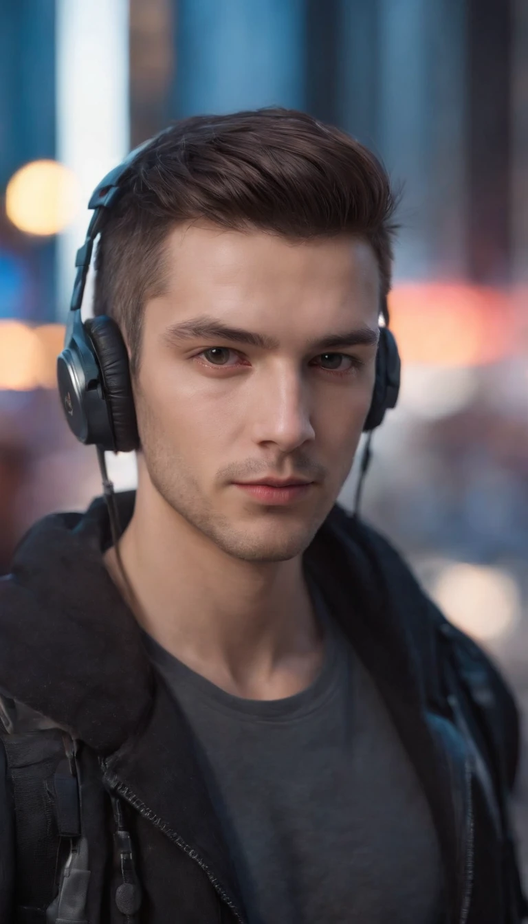 Real photo, reality, photography, super realistic face, Cyberpunk, (1 handsome man :1.3, Cyberpunk cos), short hair, headphones, edge contour painting, facing the viewer, clean skin, (daytime, bright light), bright, character edge light, neon, cable lines, colorful neon, tall buildings, Epic futurism, front lighting, portrait photography, ultra HD digital photos