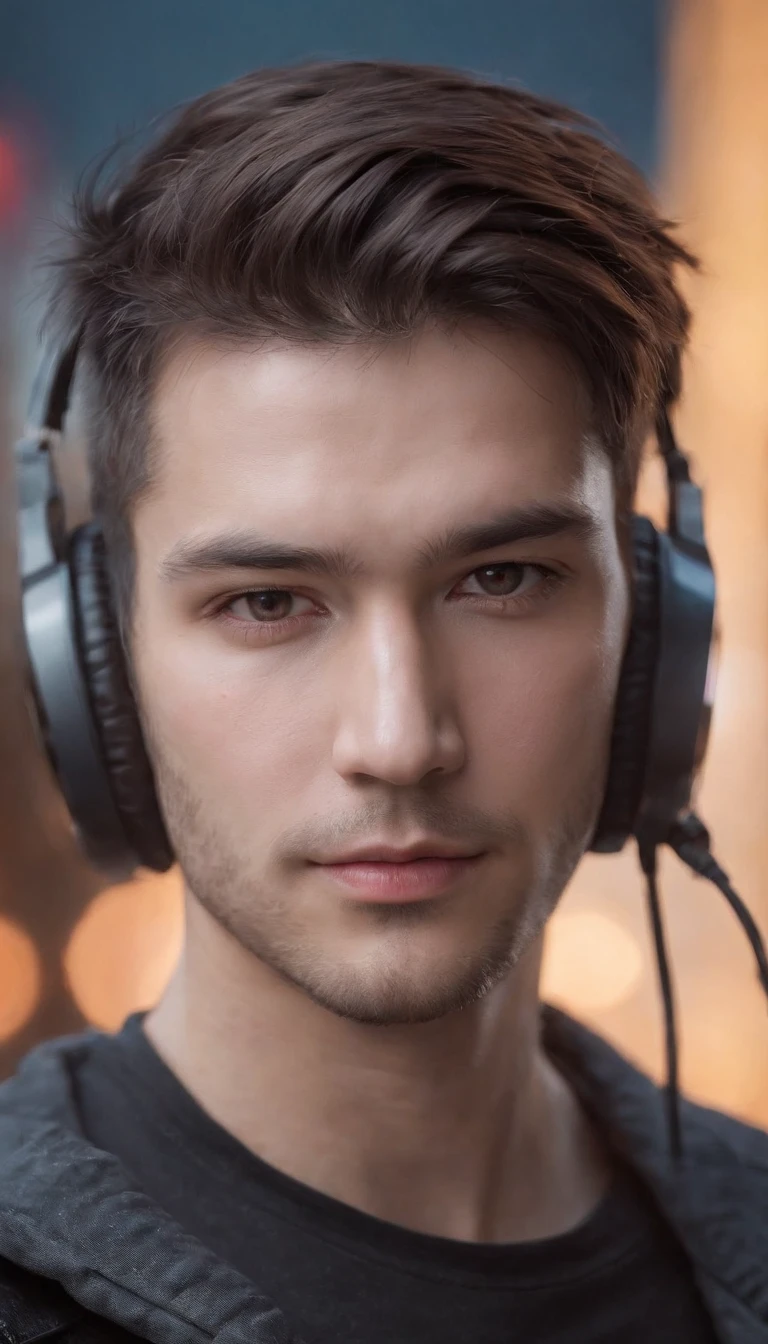 Real photo, reality, photography, super realistic face, Cyberpunk, (1 handsome man :1.3, Cyberpunk cos), short hair, headphones, edge contour painting, facing the viewer, clean skin, (daytime, bright light), bright, character edge light, neon, cable lines, colorful neon, tall buildings, Epic futurism, front lighting, portrait photography, ultra HD digital photos