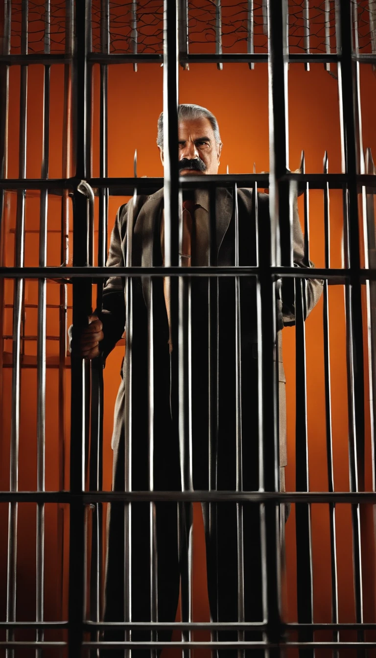 homem com 66 anos bigode mexicano, serial killer, in prison holding the bars from afar, Dressed in prison suit