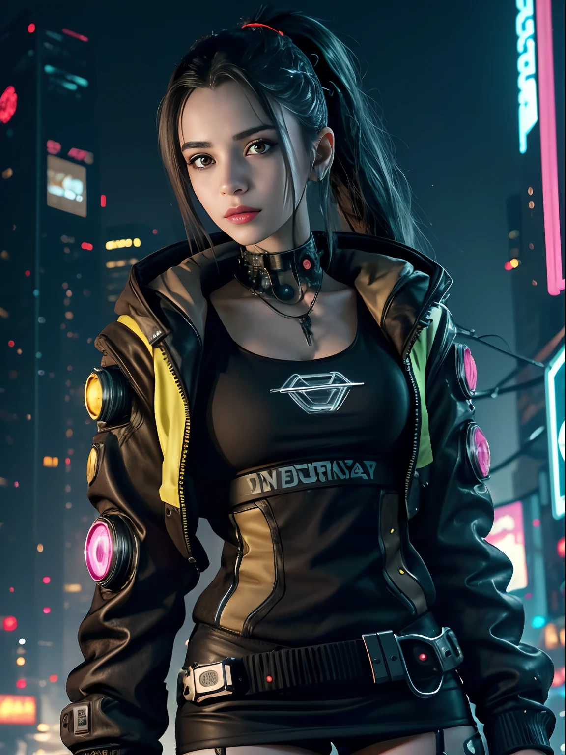 (masutepiece, Best Quality, 8K, Sharp Focus, depth of fields, Best Shadows, perfect lights, nffsw, Realistic skin texture, hyper detailed background), Anime style, Long angle shots, ((cyberpunk theme)), Solo, 1 woman, She is a mercenary, (Green eyes, White skin, Black hair and ponytail, Choker, Small breasts, slim, makeup, eye line, Gloss), She works in a future Korean city, Have a techcatana with a strong grip, Night, skyporn, Waning Moon, Wearing a nice tech jacket and leather pants.