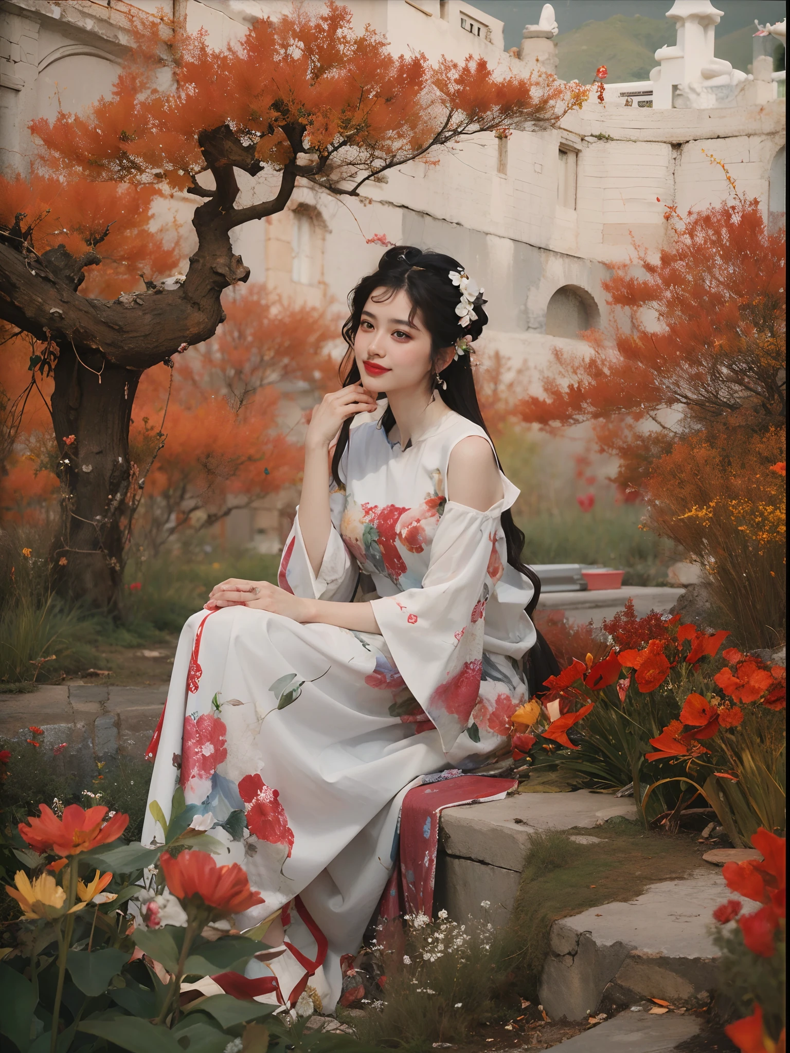(best quality,highres),(realistic,photorealistic:1.37),(beautiful detailed face,detailed eyes, detailed lips),(portrait),vivid colors,soft lighting,smiling face,curly hair,feminine style,fresh and natural makeup,rose lips,expressive eyes,pink blush,sparkling eyes,flawless complexion,beautiful long eyelashes,slim eyebrows,bronze skin,natural beauty,lighted face,upward angle,confidence,serene expression,background:flower garden,beautiful scenery,green grass,blooming flowers,colorful petals)