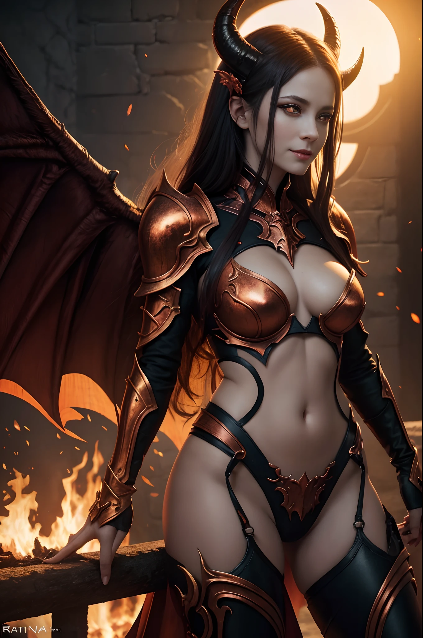 Beautiful mature female demon, horns, tail, seductive smile, pale skin, sexy fetish armor, wreathed in fire, (fiery eyes:1.2), wings of fire, temptation, taking your soul, hellscape background, tortured souls, hordes of hell in the distance, (masterpiece), (photorealistic:1.4), RAW photo, best quality, high res, rich colors, backlight, bright sunlight, cinematic lighting, film grain, raw photo, 50mm lens, Nikon D850, warm colors