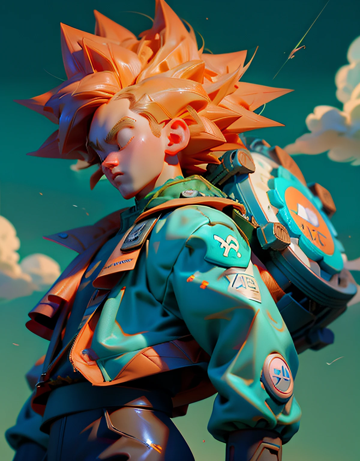 anime character with a backpack and cell phone on a city street, realistic anime 3D style, photorealistic human goku, anime style. 8k, Ross Tran style, anime style 4k, human goku, high quality anime art style, anime-styled 3D, trending anime art, dragon ball art style, trending anime artwork, by Android Jones, anime wallpaper