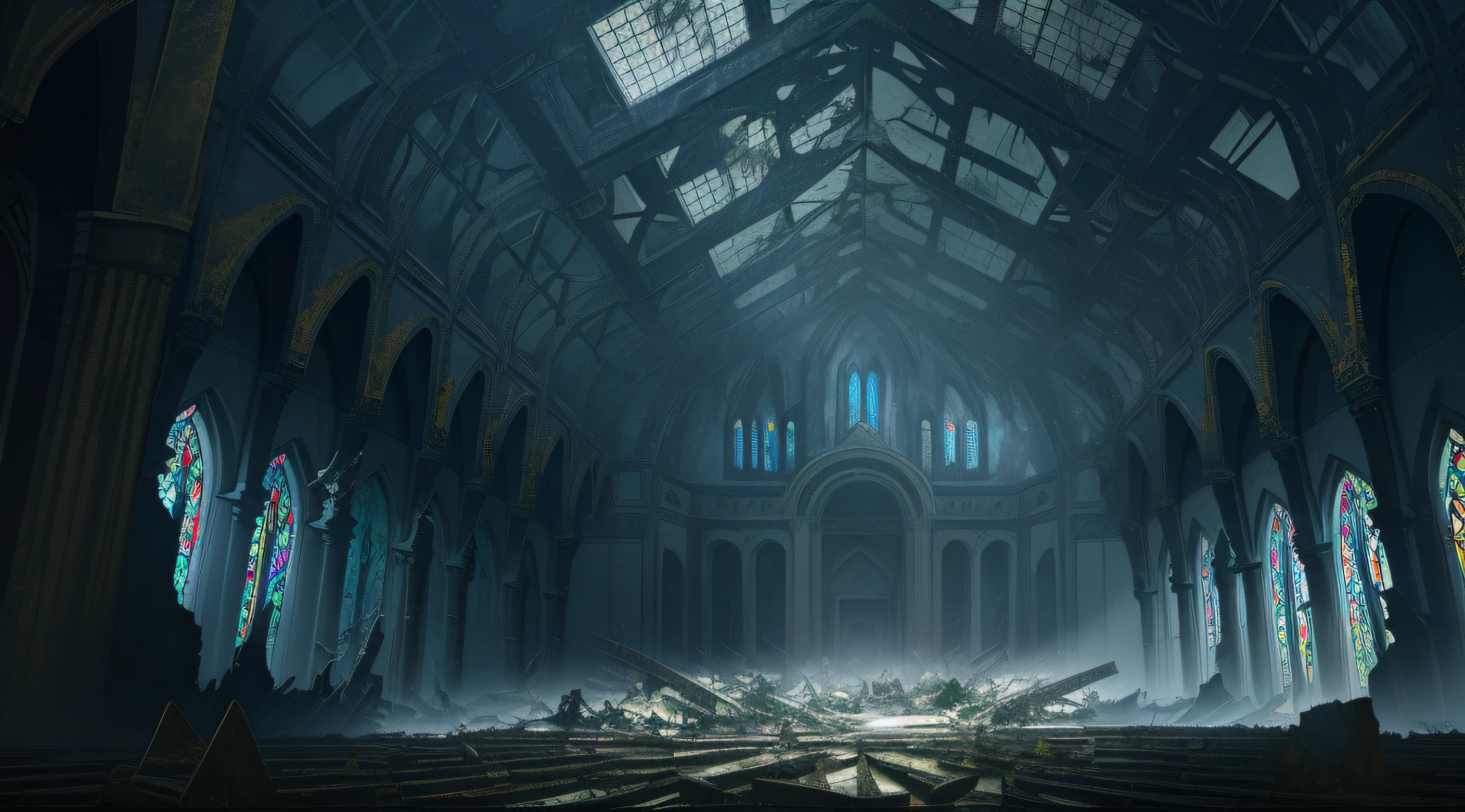 masterpiece, high definition, high quality lighting backgrounds an shattered church interior during raining, broken roof showing dark sky, night, storm