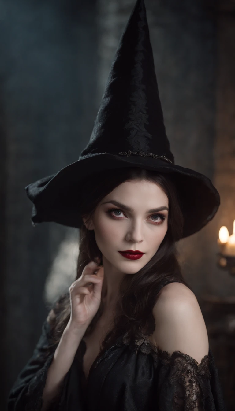 (8k, Best Quality, Masterpiece: 1.2), ((Pointed Hat)), (Witch Hat) Photorealism, Photorealism: 1.37), Super Detailed, Movie, Fantasy World, Gothic Costume, Candlelight, Eyes, ( (black robe)), lace, (straight hair) (long black hair), gemstone necklace, devil mark, ((red lips)), detailed patterns, dark makeup, wearing a black cloak, mysterious, (pale skin :1.2), Dark Studio, Edge Lighting, Dim Lighting, Low Key, Red Lips, Vampire