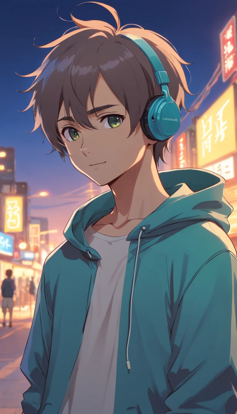 anime boy with headphones wearing an hoodie in a off shoulder manner, silver dog tag around his neck, causal t shirt , lofi portrait, lofi artstyle, halfbody headshot, oc commission, high quality fanart, danganronpa style, character portrait of dark skin boy, digital art from danganronpa, male has an pet ferret on his right shoulder, dreadlocks