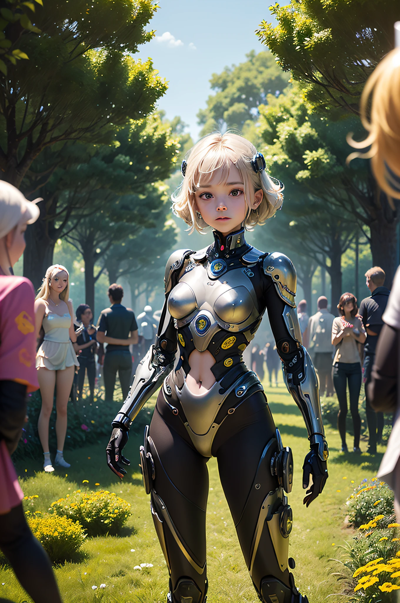 Generate an image capturing the enchanting moment of a surrounded by a group of highly advanced cyborgs in a lush flower garden. The cyborgs, with their intricate metallic bodies seamlessly blending with nature, engage with the girl in various activities, from helping her tend to the flowers to sharing knowledge, forming a heartwarming tableau of harmonious coexistence between humanity and technology